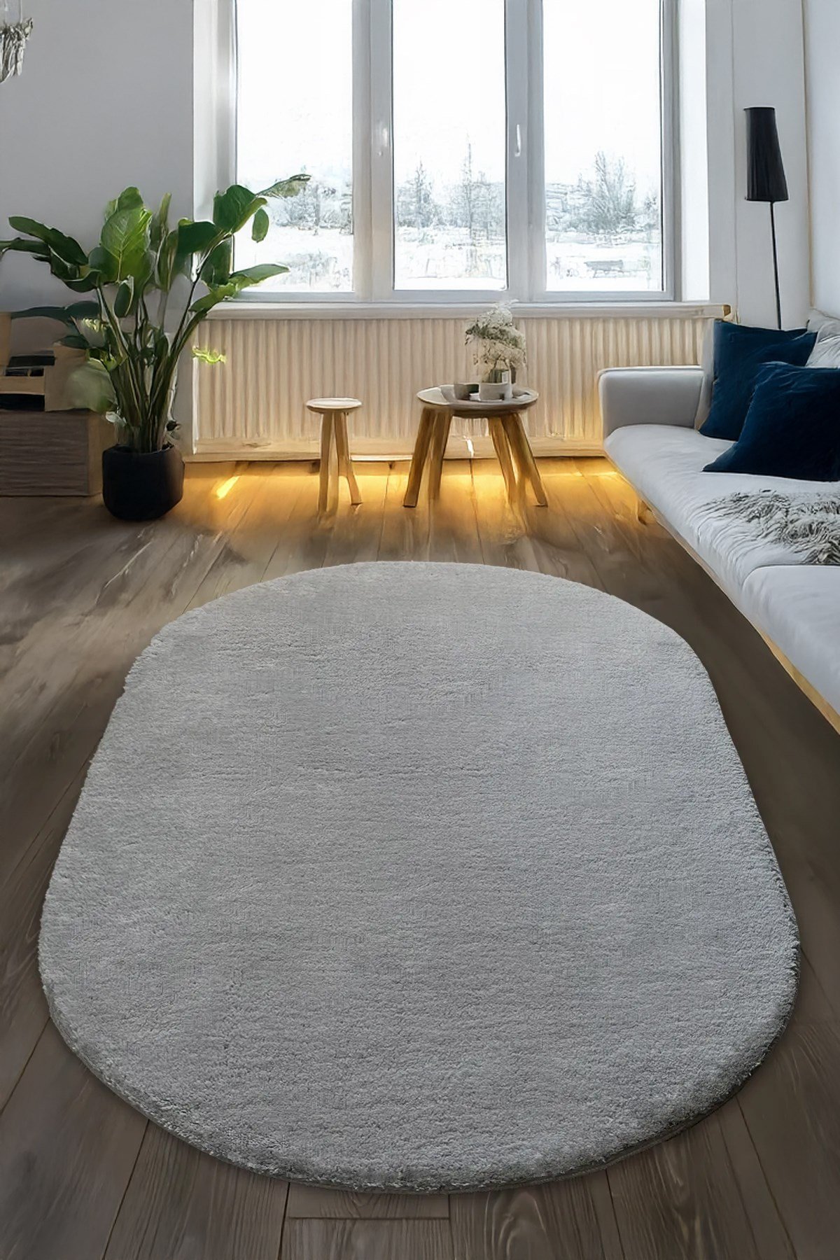 Gri Oval Peluş Post Halı Yolluk Yumuşak Tüylü Puffy Kaymaz Taban Dekoratif Yıkanabilir Modern