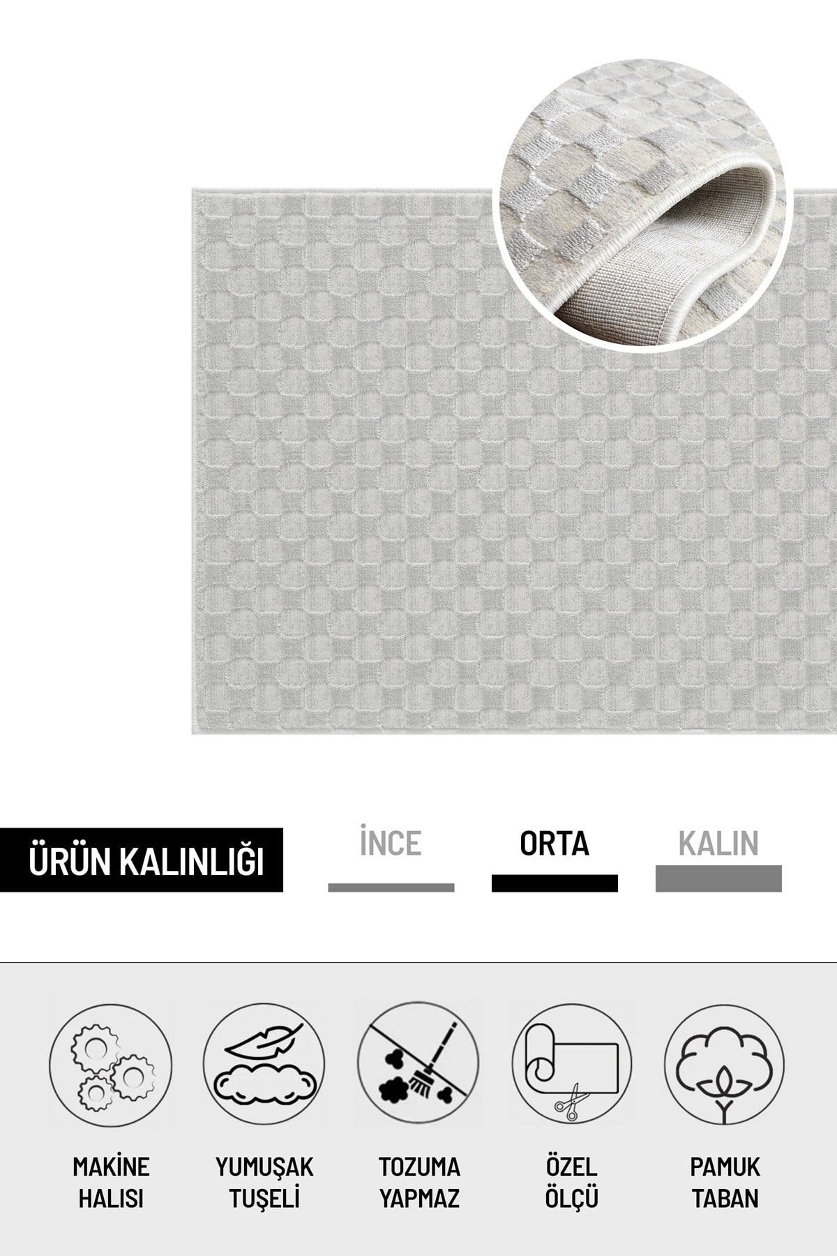 Gri Pamuk Taban Modern Dama Desen Özel Ölçü Salon Koridor Çocuk Antre Oturma Odası Halı Yolluk