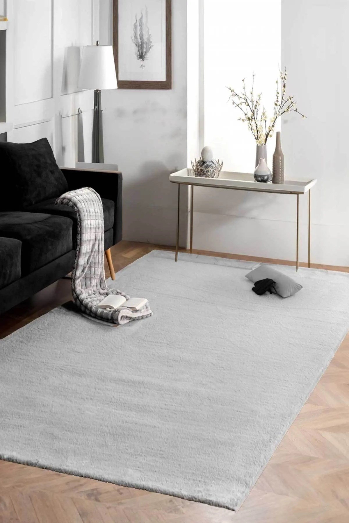 Gri Post Peluş Halı Yolluk Yumuşak Tüylü Puffy Kaymaz Özel Taban Dekoratif Yıkanabilir Modern
