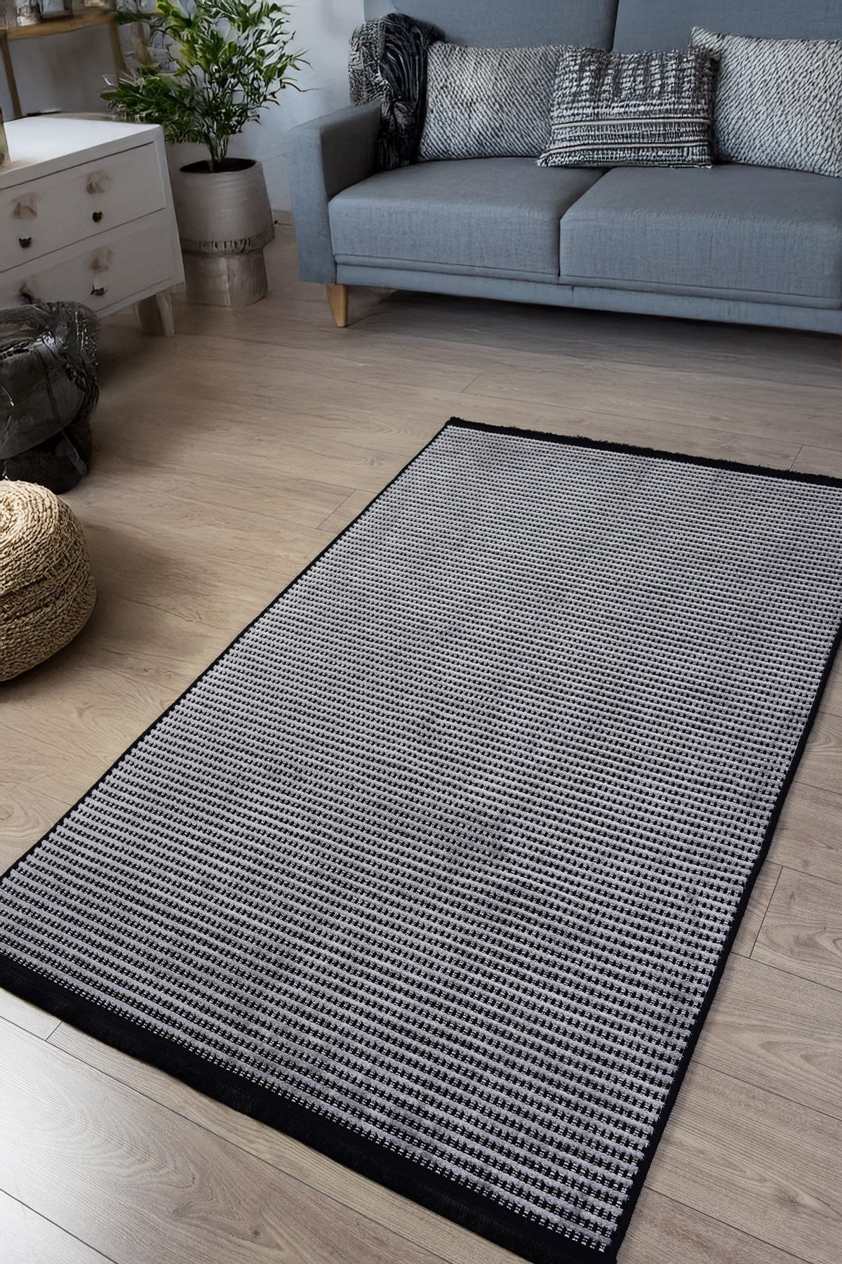 Gri Şönil Makinada Yıkanabilir Kaymaz Taban Saçaklı Pamuklu Halı Kilim Oturma Odası Salon Mutfak