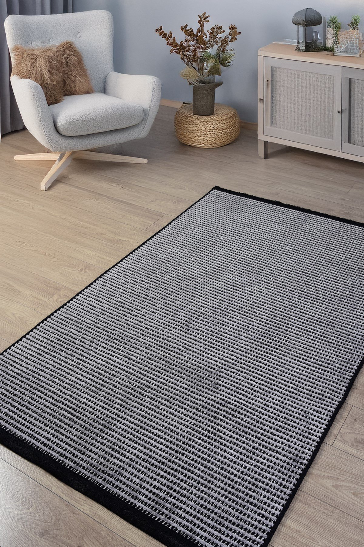 Gri Şönil Makinada Yıkanabilir Kaymaz Taban Saçaklı Pamuklu Halı Kilim Oturma Odası Salon Mutfak