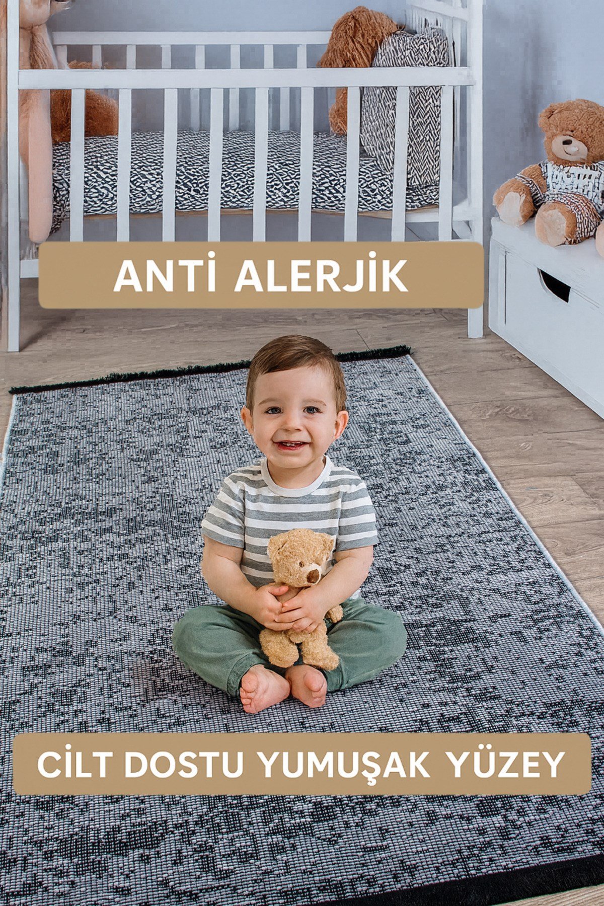 Gri Şönil Makinada Yıkanabilir Kaymaz Taban Saçaklı Pamuklu Halı Kilim Oturma Odası Salon Mutfak