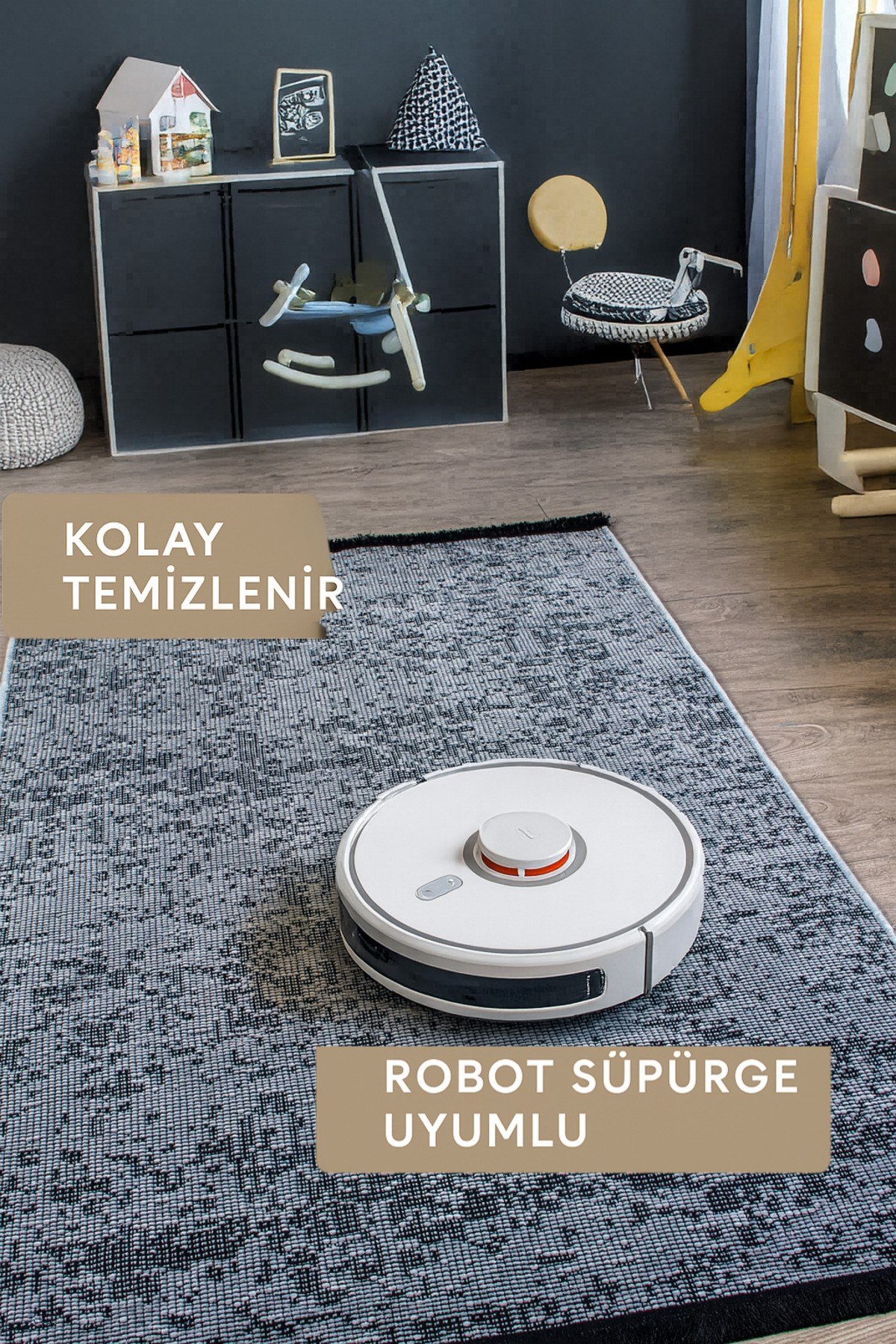 Gri Şönil Makinada Yıkanabilir Kaymaz Taban Saçaklı Pamuklu Halı Kilim Oturma Odası Salon Mutfak
