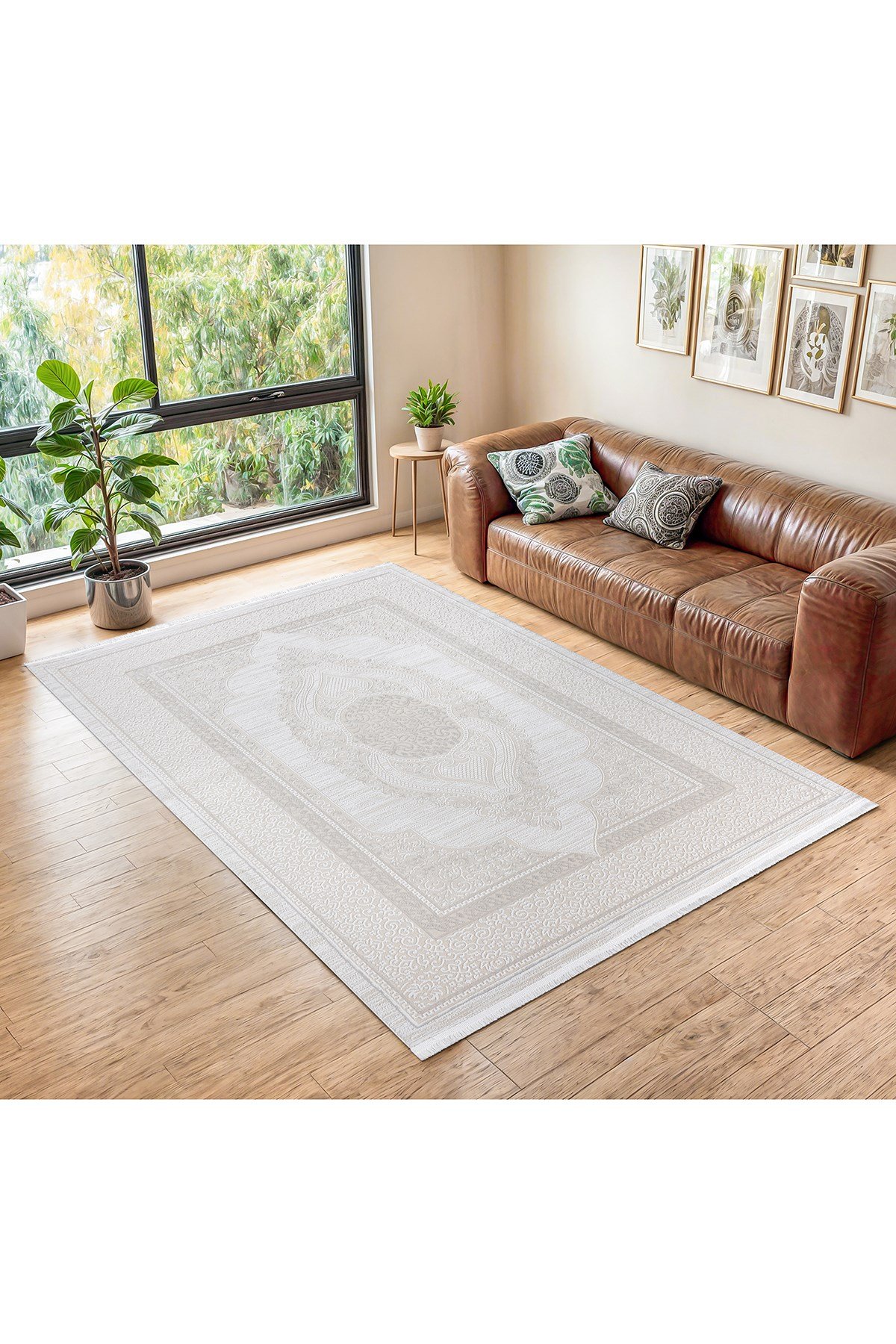 Krem 7105 Modern Desen Doğal Taban Saçaklı Salon Koridor Mutfak Çocuk Oturma Odası Halısı Yolluk