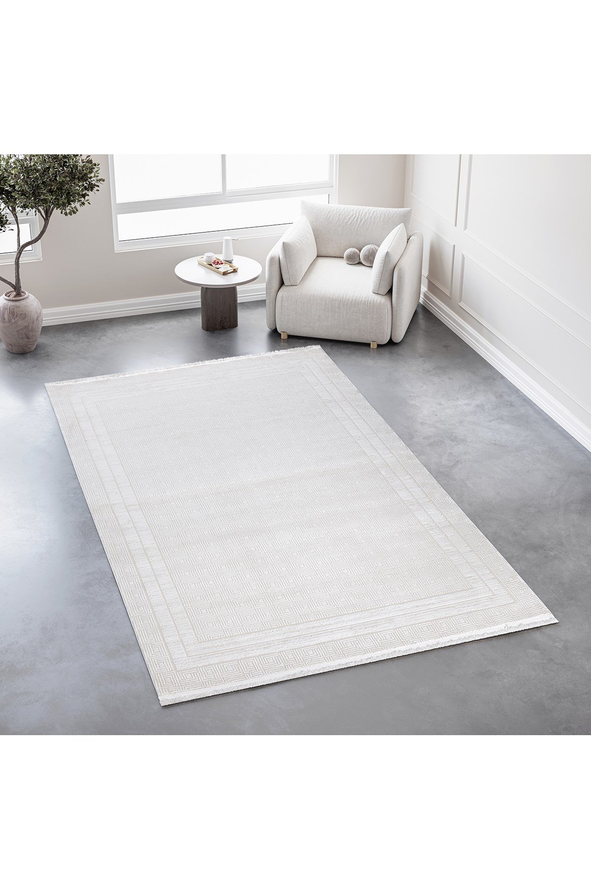 Krem 7107 Modern Desen Doğal Taban Saçaklı Salon Koridor Mutfak Çocuk Oturma Odası Halı Yolluk