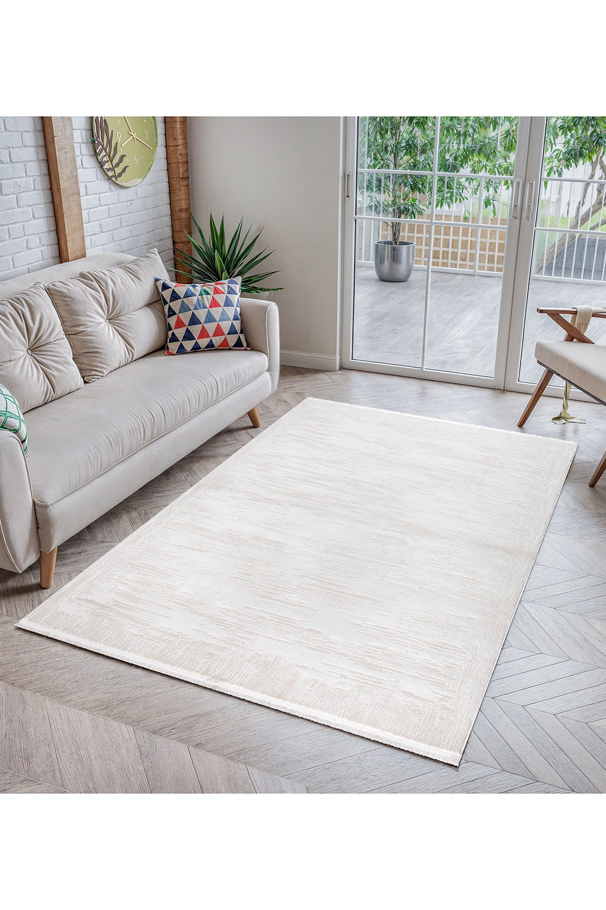 Krem Ekru 7102 Modern Doğal Taban Saçaklı Salon Koridor Mutfak Çocuk Oturma Odası Halı Yolluk