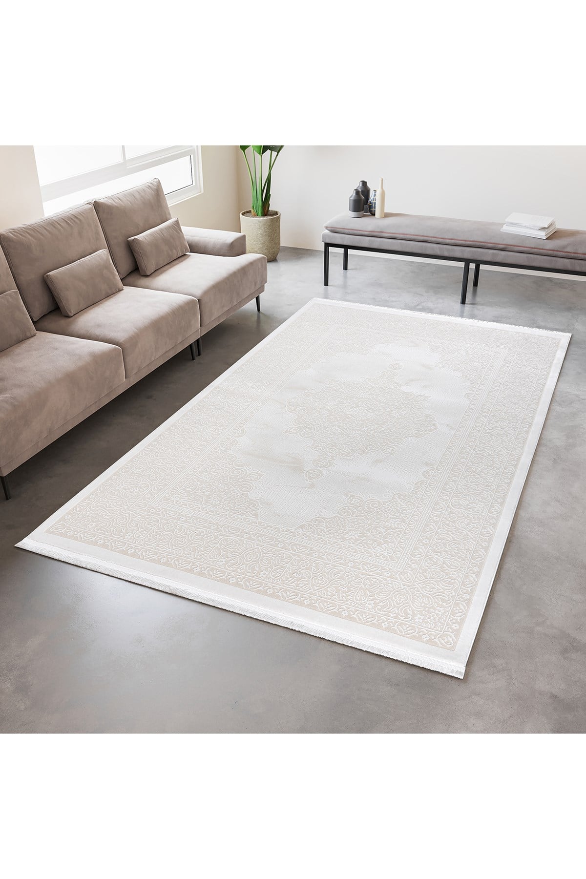 Krem Ekru 7134 Modern Doğal Taban Saçaklı Salon Koridor Mutfak Çocuk Oturma Odası Halı Yolluk