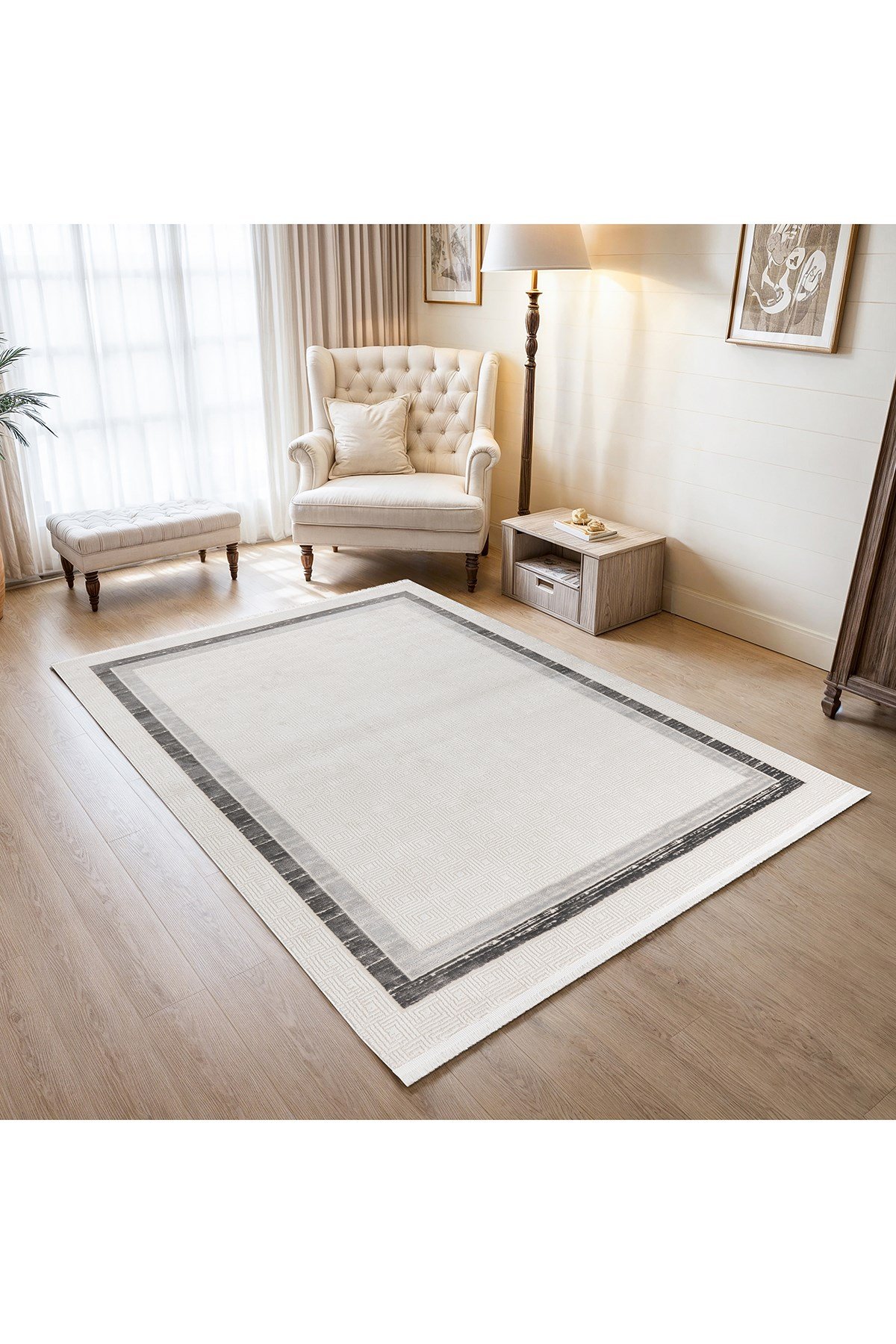 Krem Gri 7107 Modern Desen Doğal Taban Saçaklı Salon Koridor Mutfak Çocuk Oturma Odası Halı Yolluk