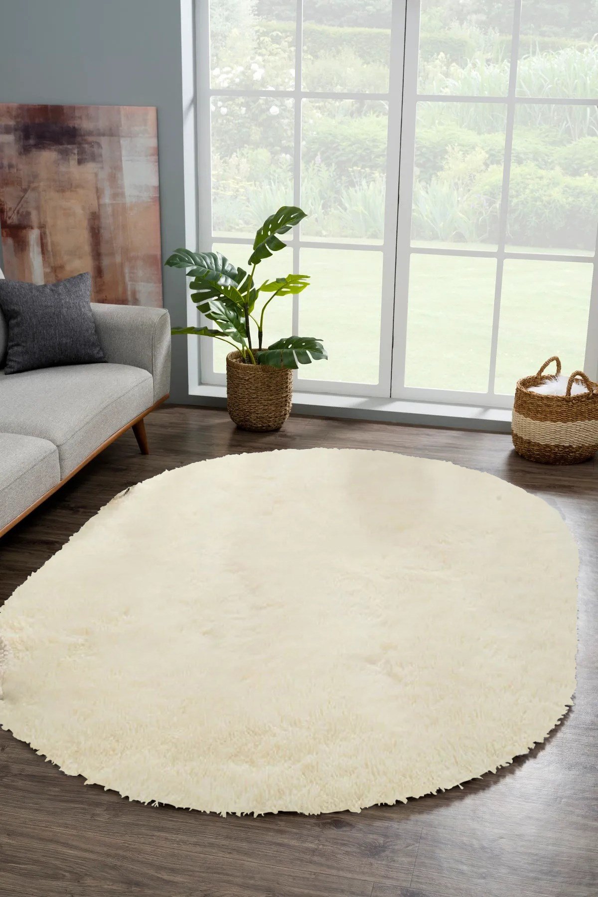 Krem Oval Peluş Post Halı Yolluk Yumuşak Tüylü Puffy Kaymaz Taban Dekoratif Yıkanabilir Modern
