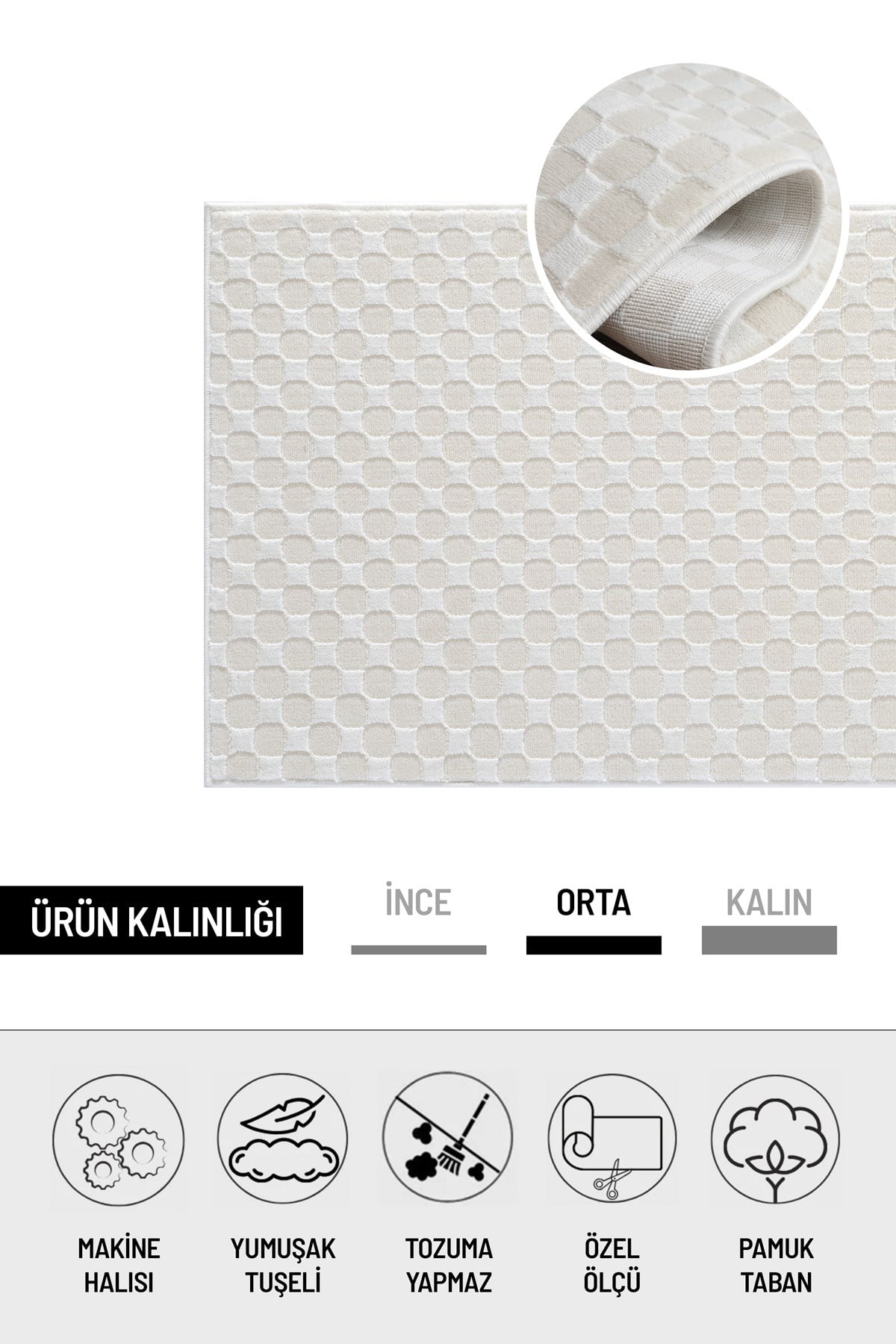Krem Pamuk Taban Modern Dama Desen Özel Ölçü Salon Koridor Çocuk Antre Oturma Odası Halı Yolluk