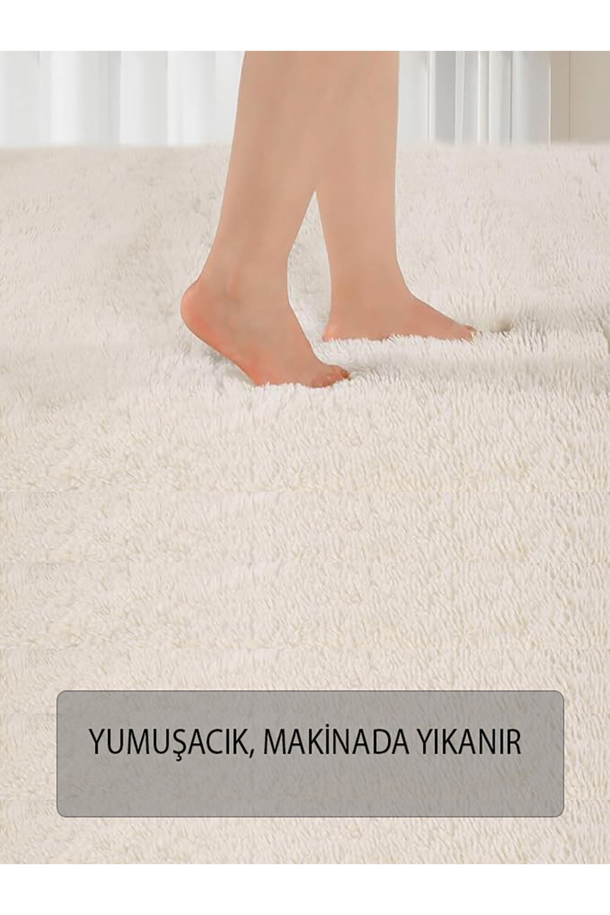 Krem Post Peluş Halı Yolluk Yumuşak Tüylü Puffy Kaymaz Özel Taban Dekoratif Yıkanabilir Modern