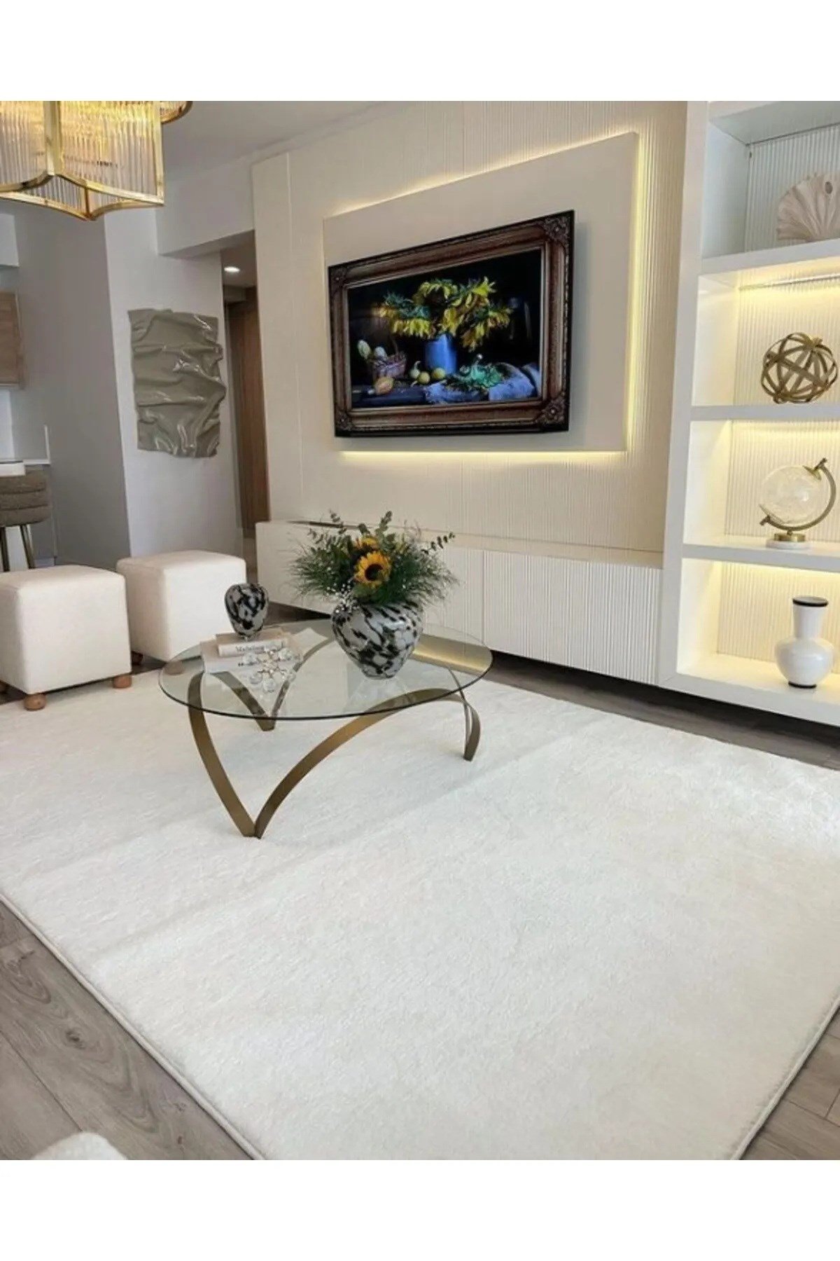 Krem Post Peluş Halı Yolluk Yumuşak Tüylü Puffy Kaymaz Özel Taban Dekoratif Yıkanabilir Modern