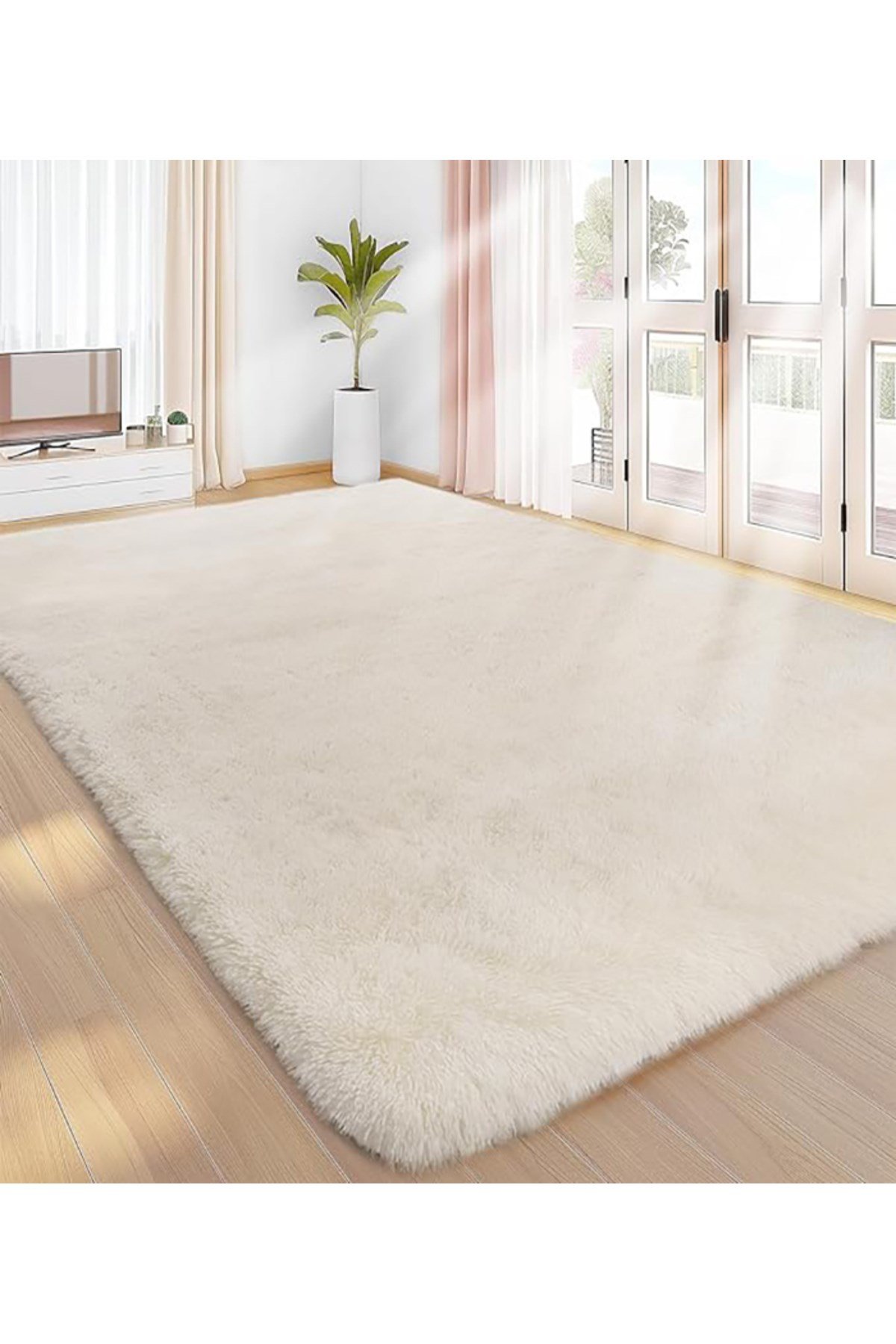 Krem Post Peluş Halı Yolluk Yumuşak Tüylü Puffy Kaymaz Özel Taban Dekoratif Yıkanabilir Modern