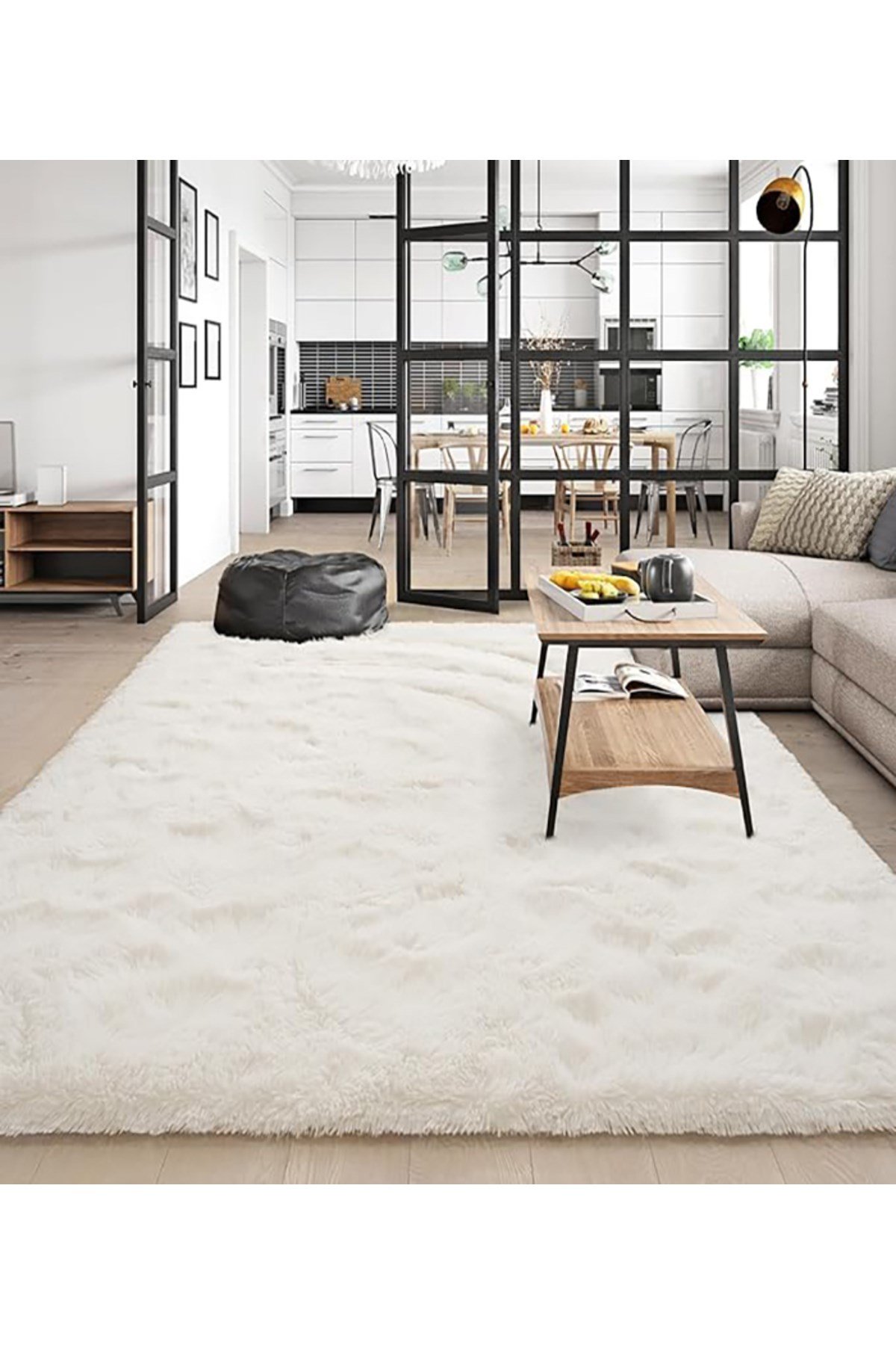 Krem Post Peluş Halı Yolluk Yumuşak Tüylü Puffy Kaymaz Özel Taban Dekoratif Yıkanabilir Modern