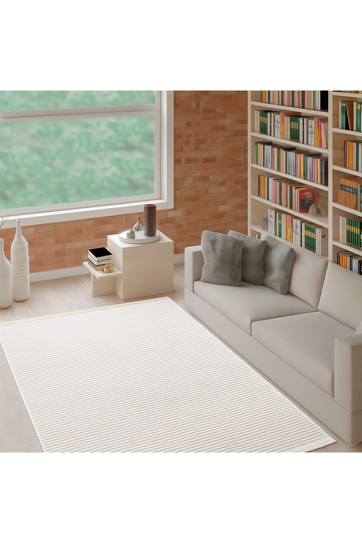 Krem Şönil Makinada Yıkanabilir Kaymaz Taban Saçaklı Pamuklu Halı Kilim Yolluk Oturma Odası Salon
