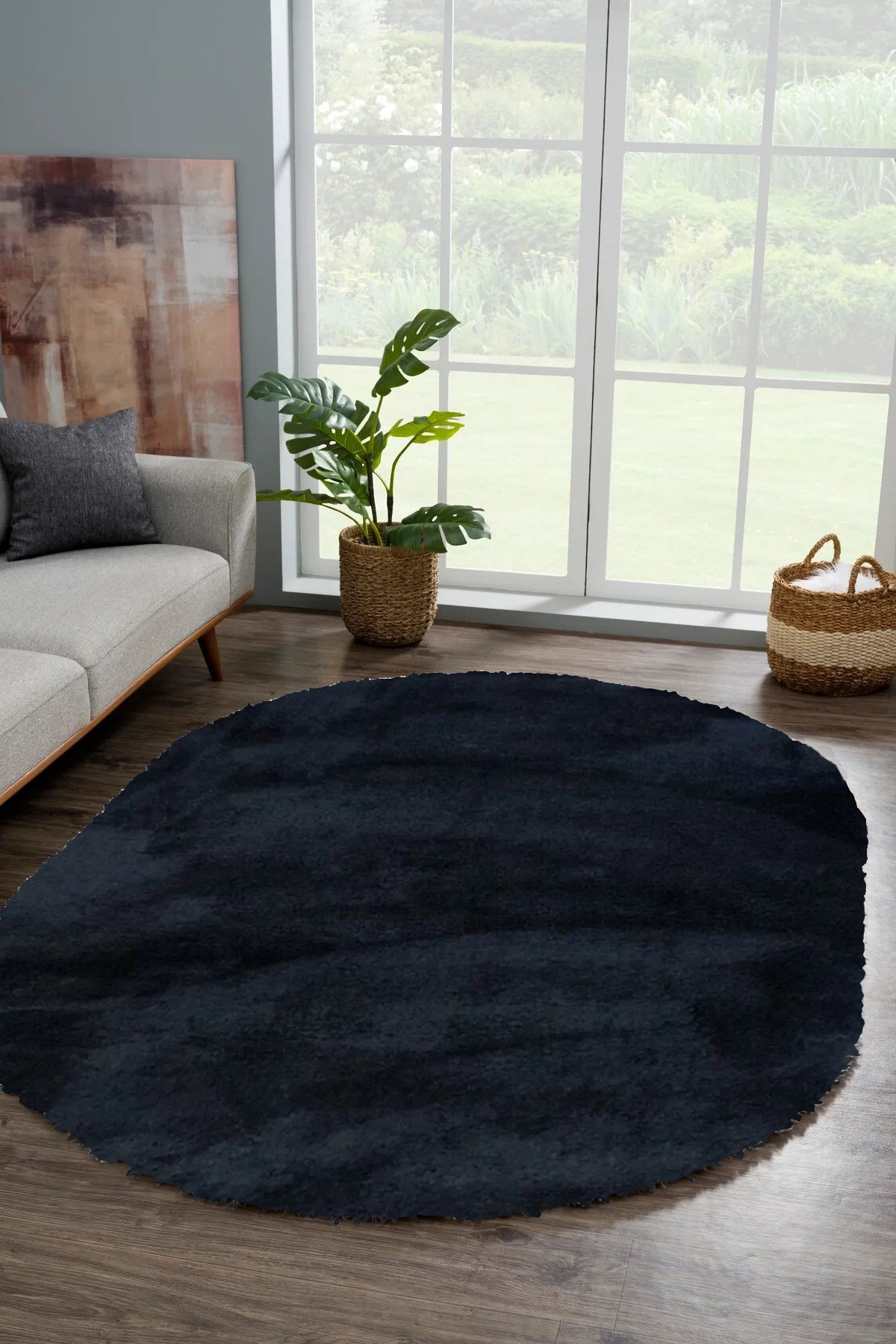 Siyah Oval Peluş Post Halı Yolluk Yumuşak Tüylü Puffy Kaymaz Taban Dekoratif Yıkanabilir Modern