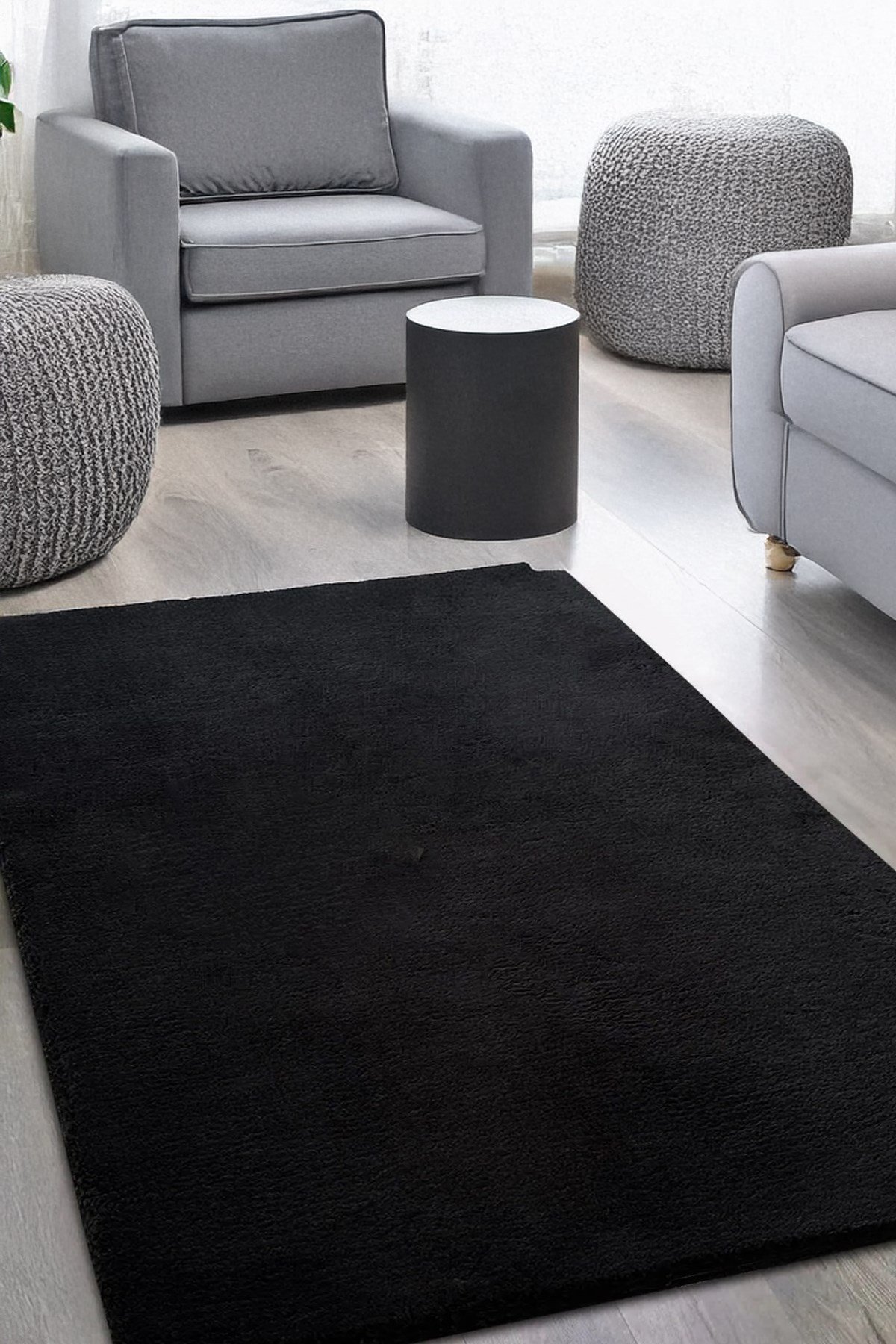 Siyah Post Peluş Halı Yolluk Yumuşak Tüylü Puffy Kaymaz Özel Taban Dekoratif Yıkanabilir Modern