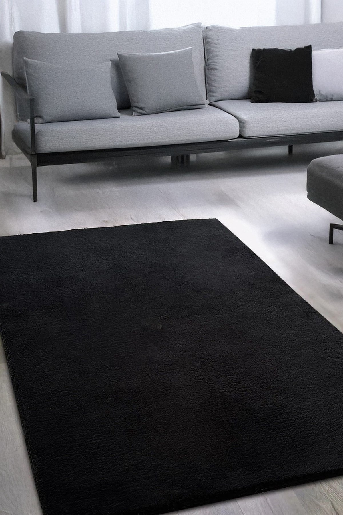 Siyah Post Peluş Halı Yolluk Yumuşak Tüylü Puffy Kaymaz Özel Taban Dekoratif Yıkanabilir Modern