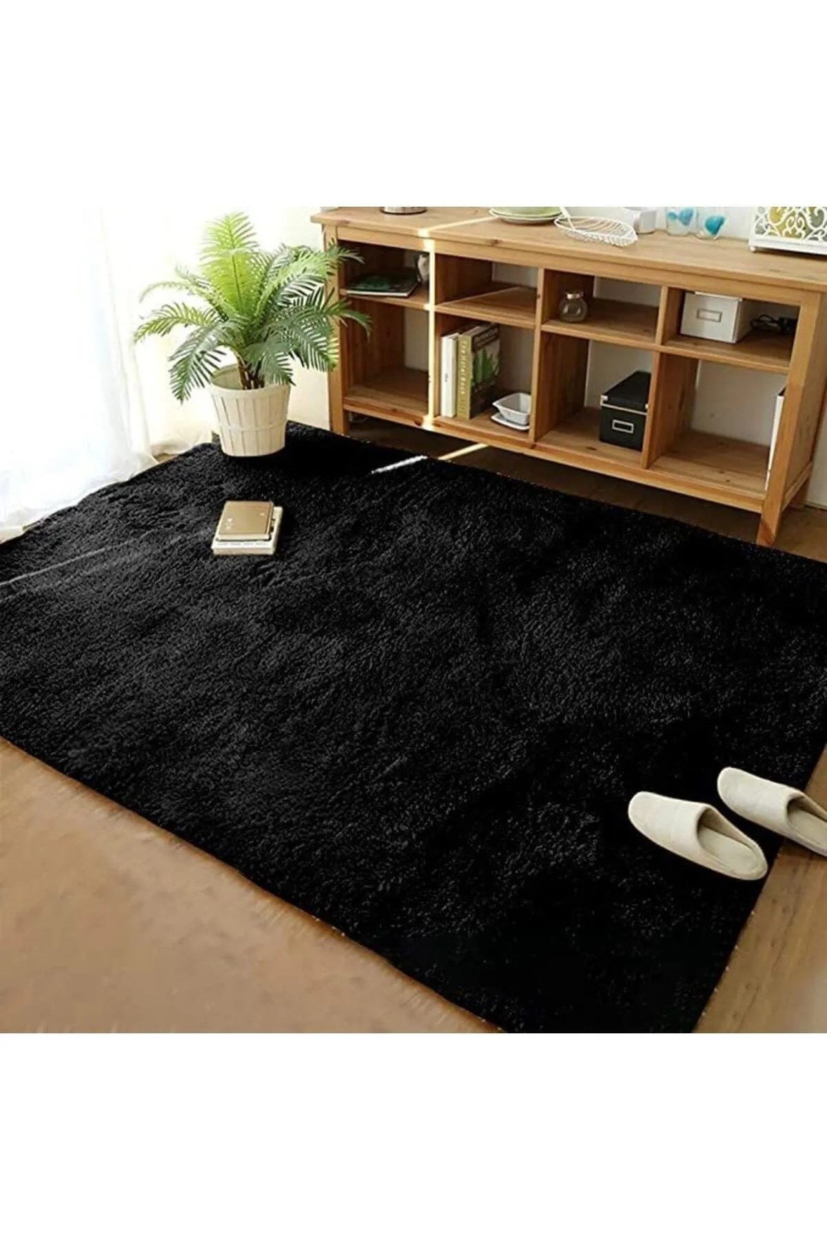 Siyah Post Peluş Halı Yolluk Yumuşak Tüylü Puffy Kaymaz Özel Taban Dekoratif Yıkanabilir Modern