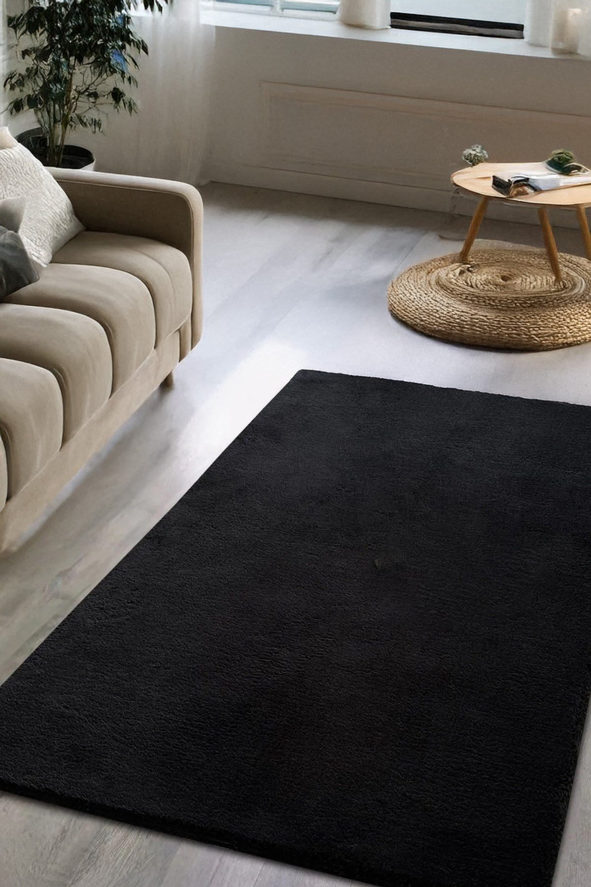 Siyah Post Peluş Halı Yolluk Yumuşak Tüylü Puffy Kaymaz Özel Taban Dekoratif Yıkanabilir Modern