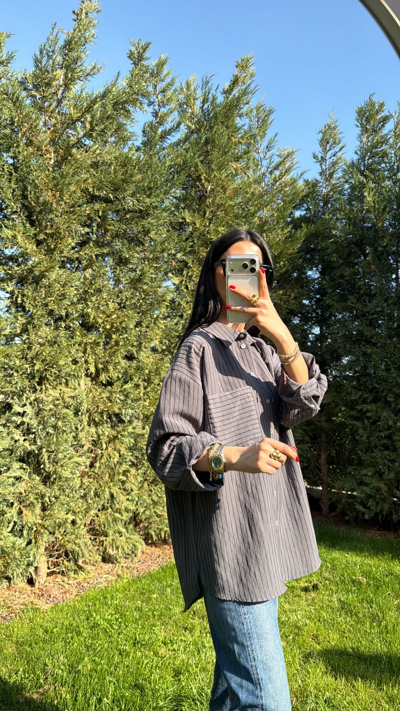 ÇİZGİLİ OVERSIZE GÖMLEK GRİ