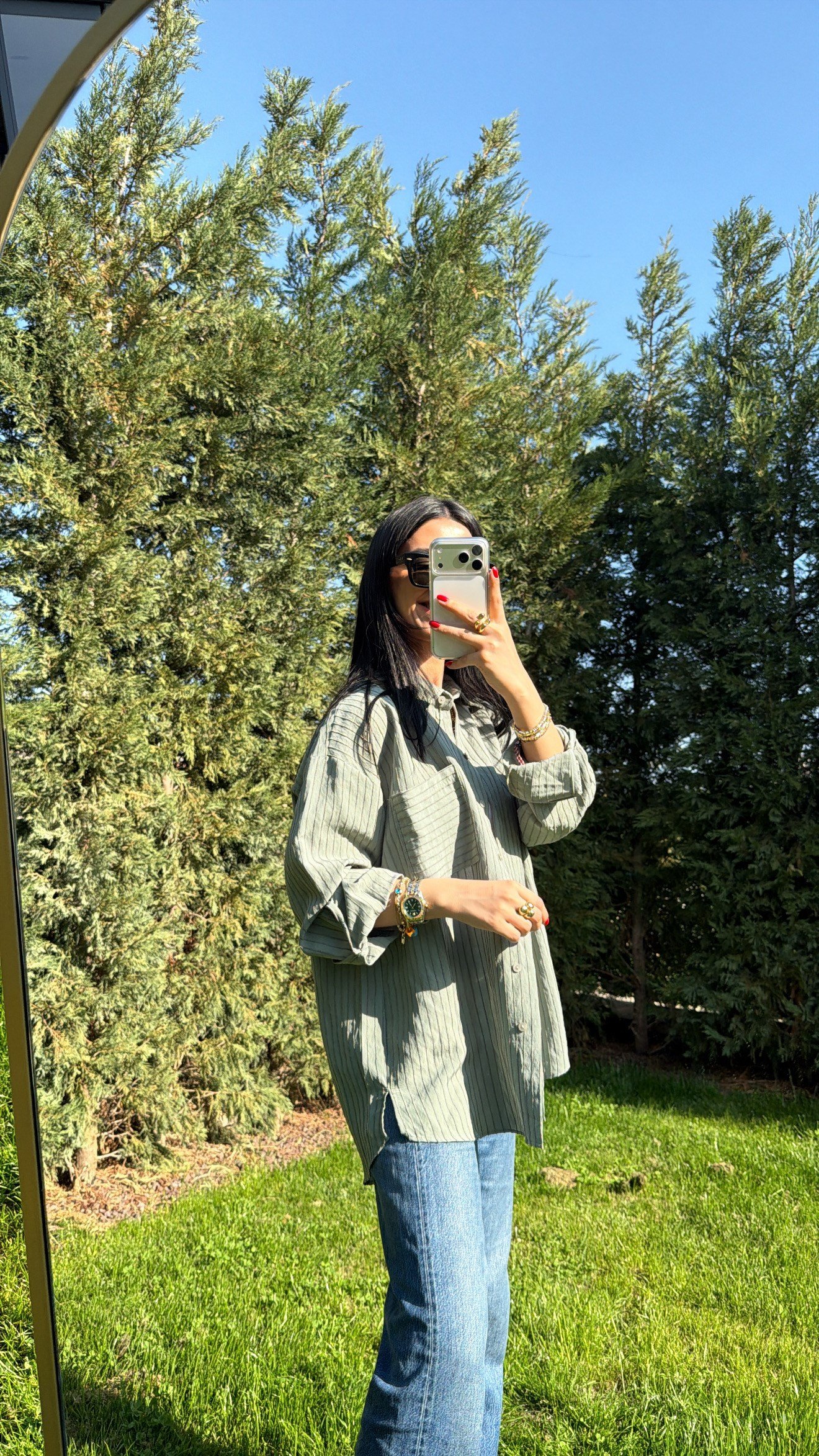 ÇİZGİLİ OVERSIZE GÖMLEK SU YEŞİLİ