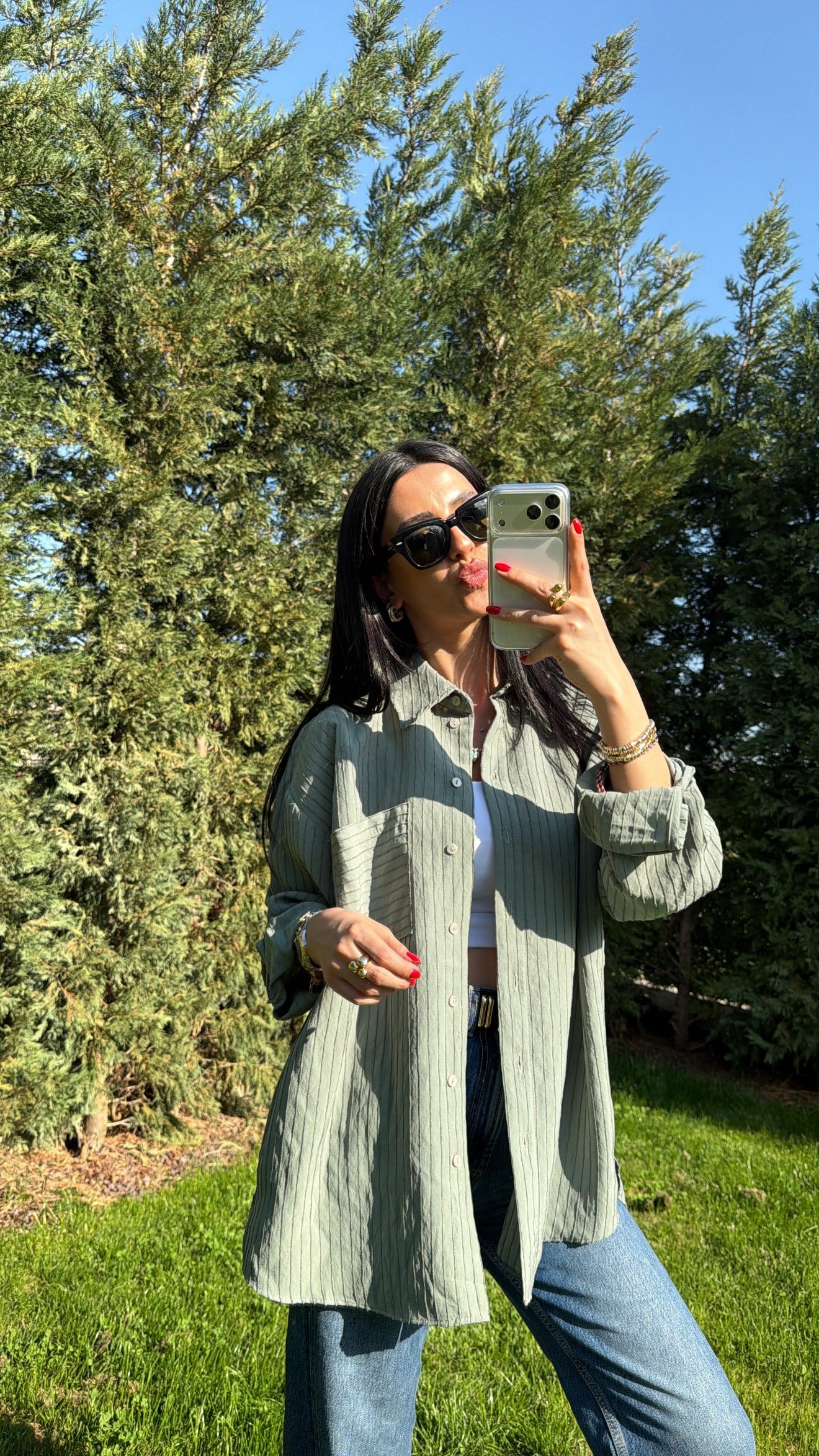 ÇİZGİLİ OVERSIZE GÖMLEK SU YEŞİLİ