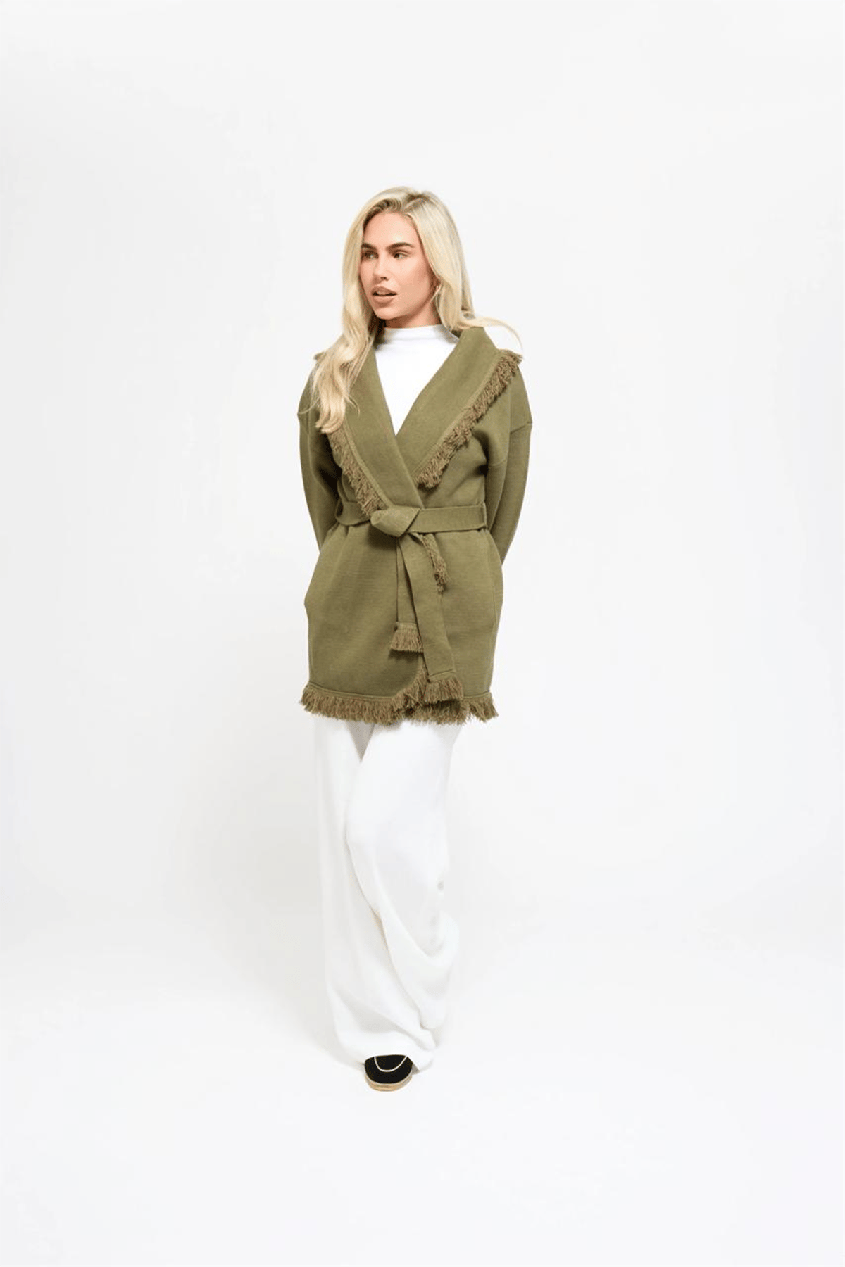 THE COMO FUR CUFF CARDIGAN - OLIVE GREEN