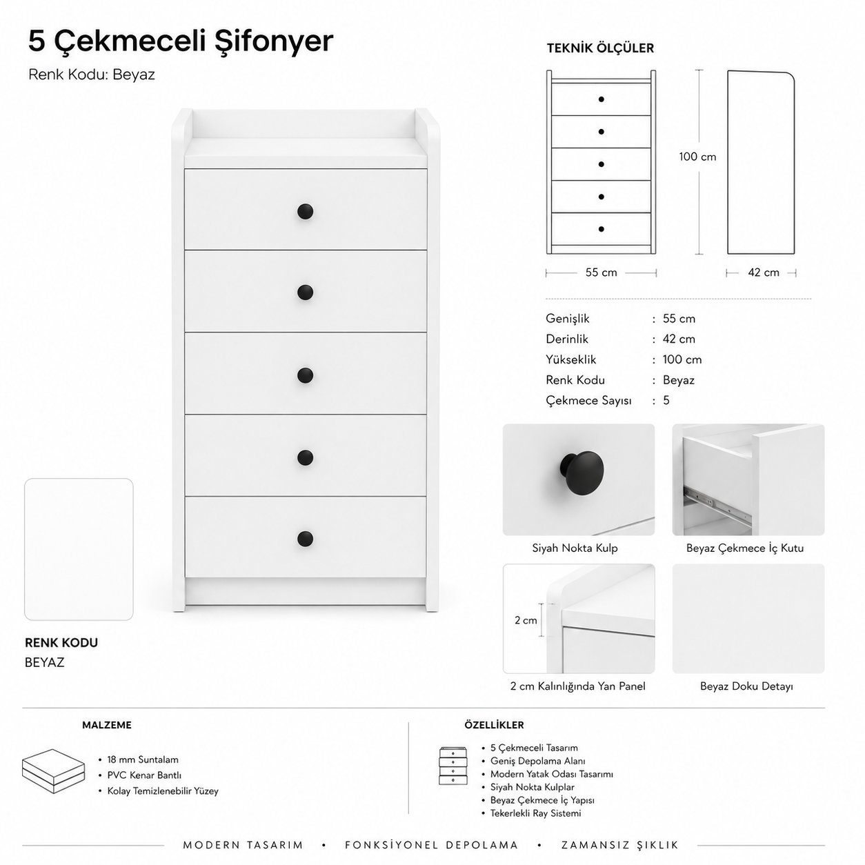 Asya Dik Şifonyer 5 Çekmeceli Şifonyer 