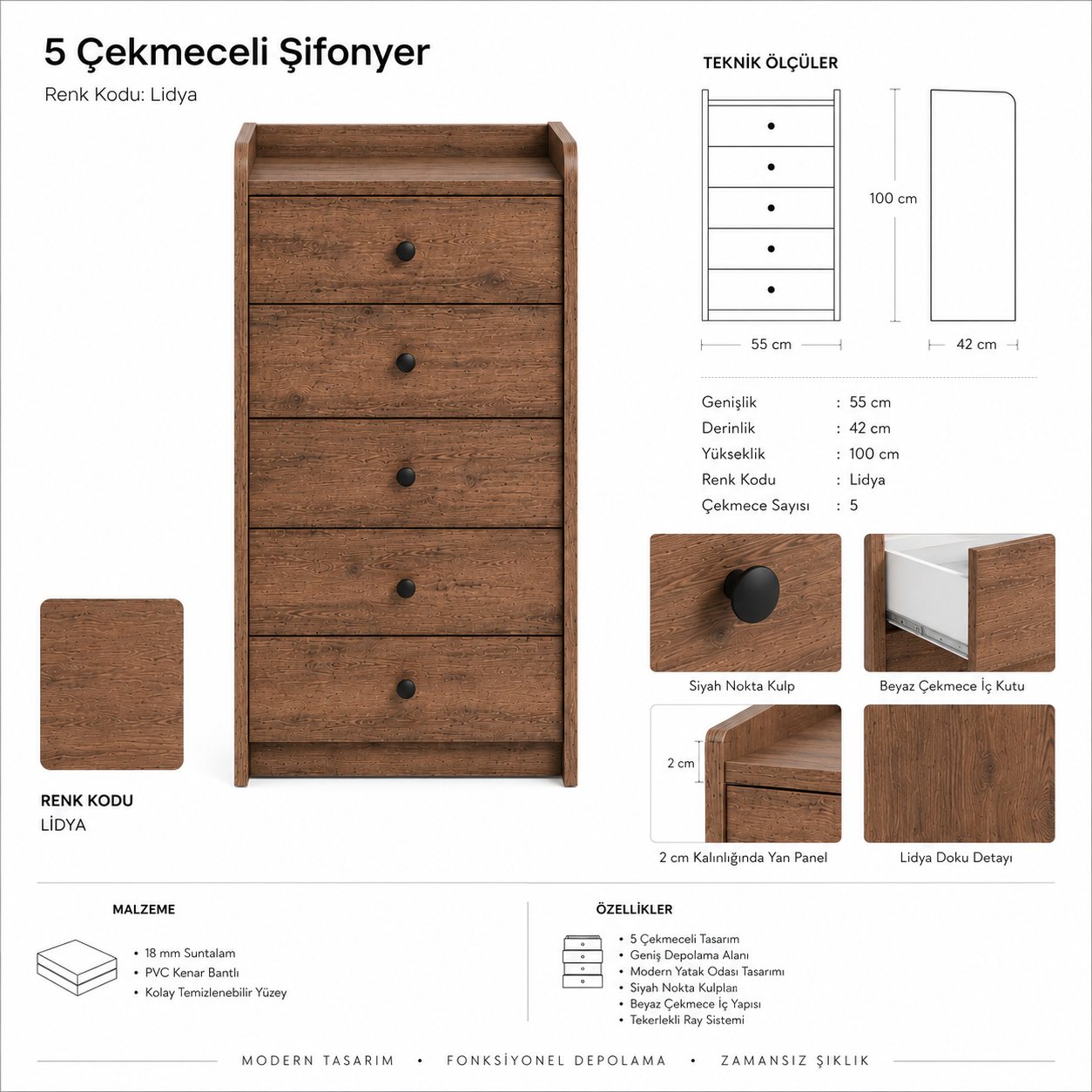 Asya Dik Şifonyer 5 Çekmeceli Şifonyer 