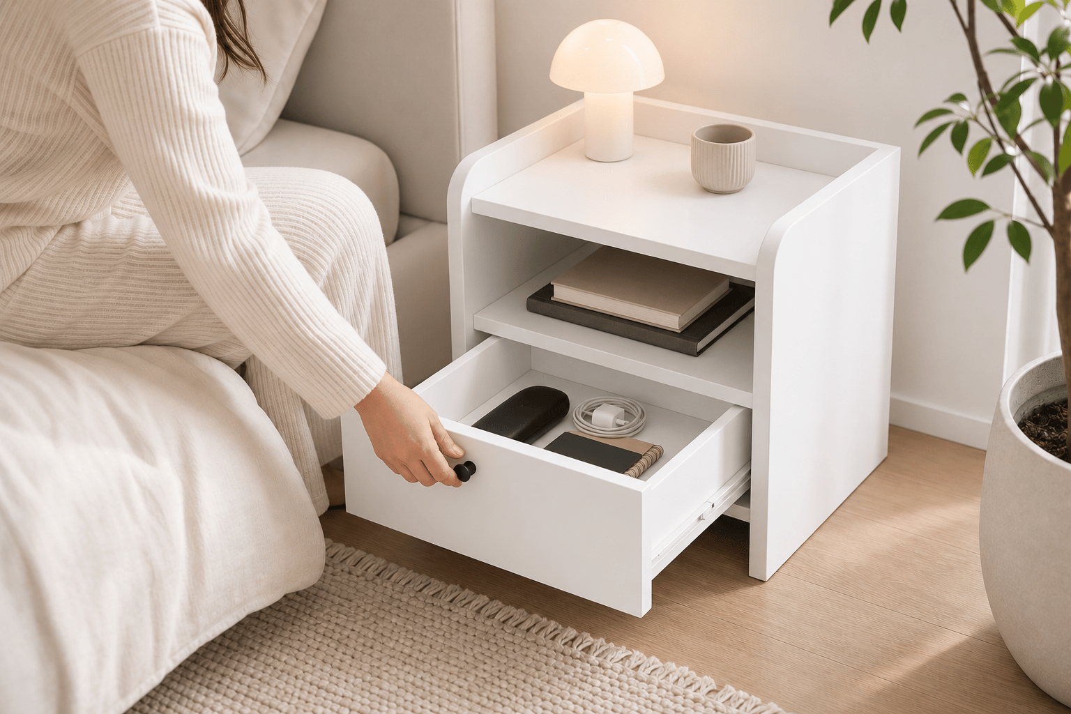 GaniHome Asya Modern Komodin - Çekmeceli ve Raflı Yatak Odası Sehpası Gece Masası