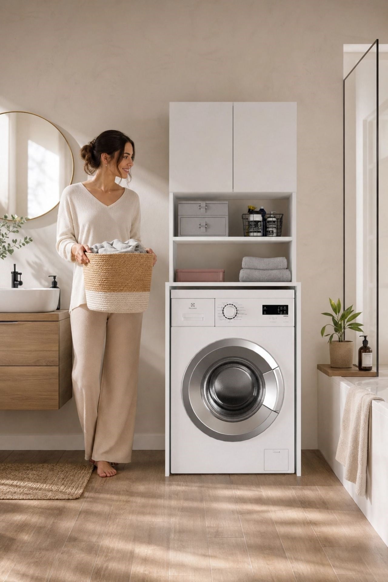 GaniHome Vera-2 Kapaklı Çamaşır Makinesi Dolabı Banyo Dolabı