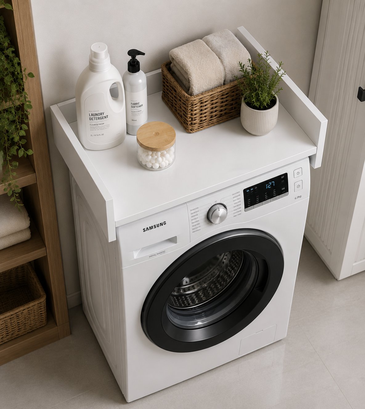 Vera Mini Çamaşır Makinesi Dolabı Üst Raf Organizer Beyaz