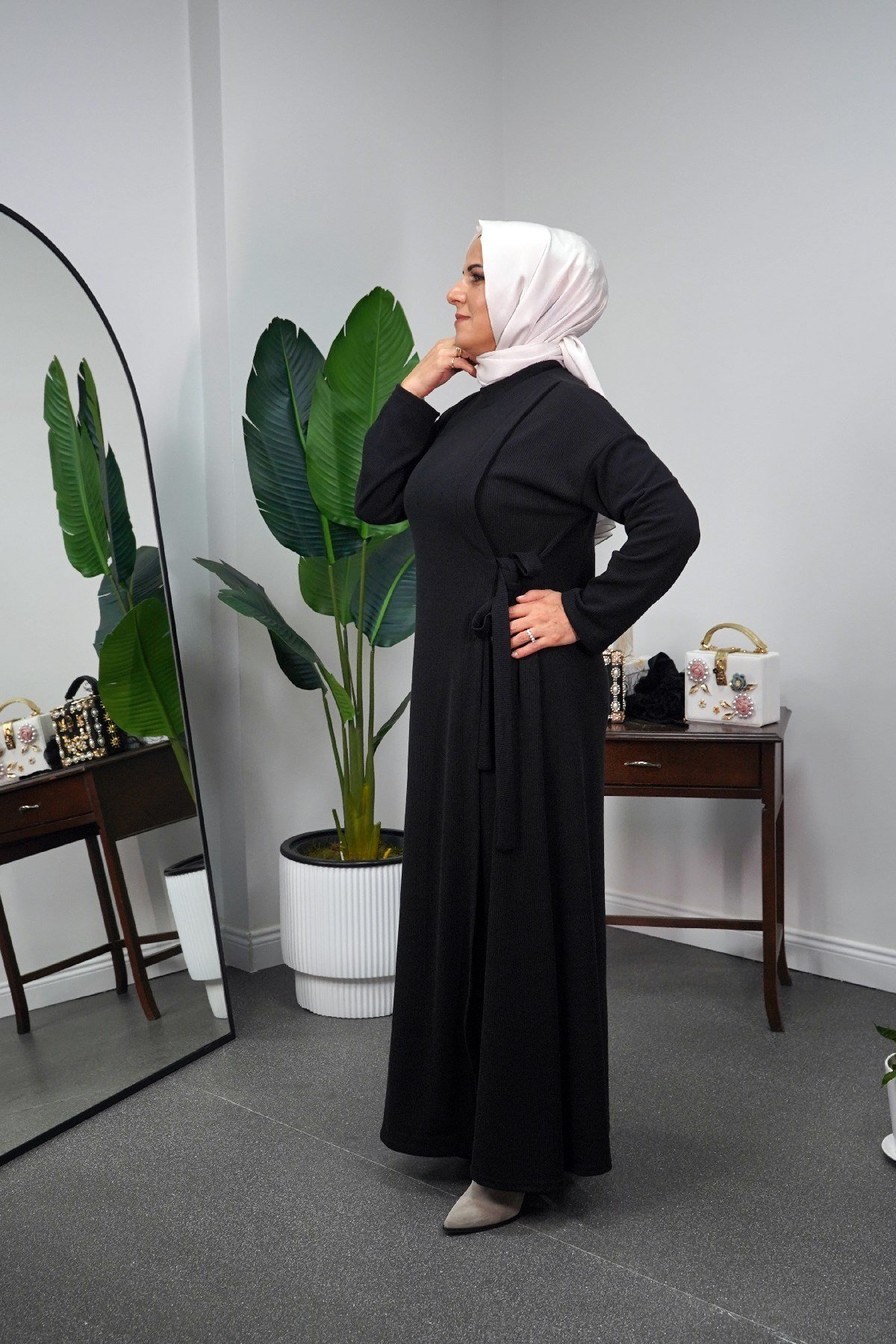SHENAY Belden Bağcıklı Triko Elbise - Siyah