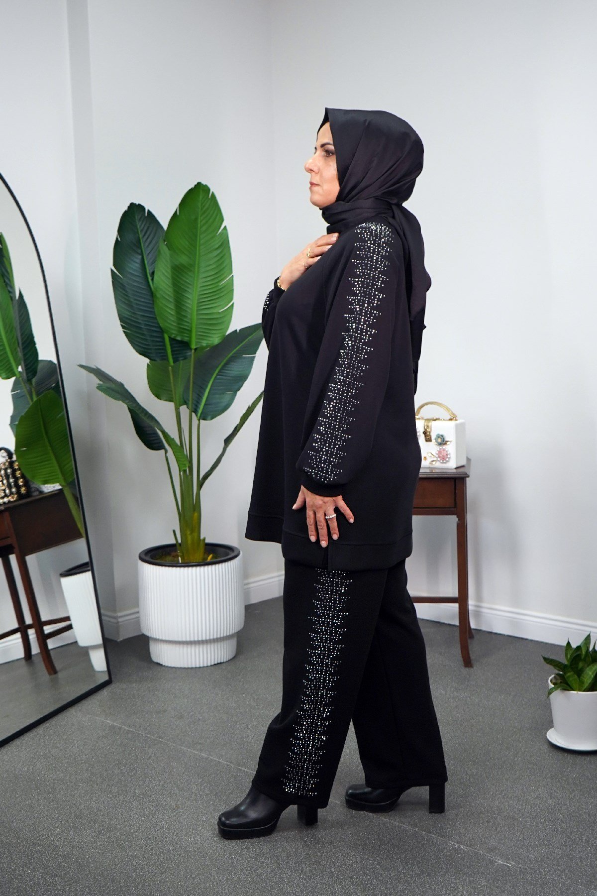 SHENAY Gümüş Kol Detaylı Tunik Takım - Siyah