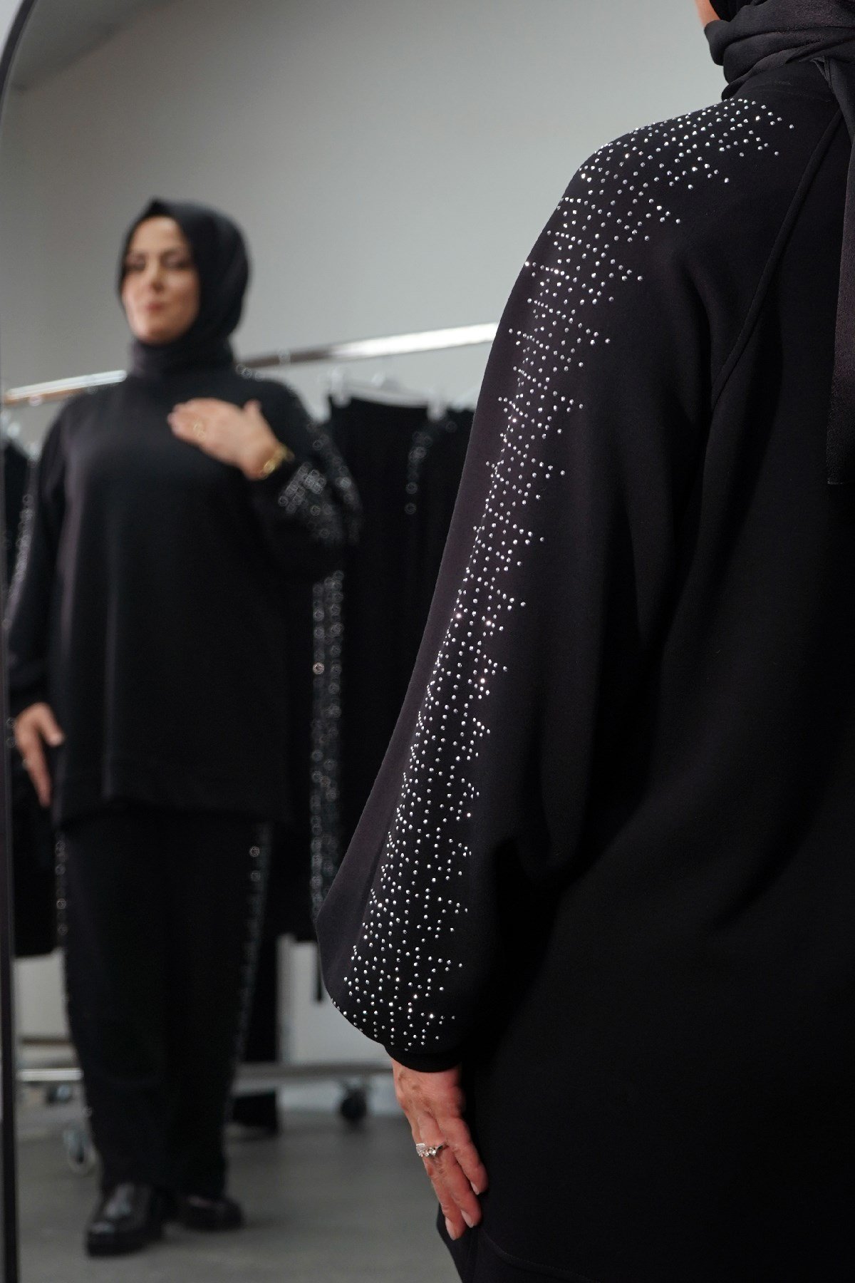 SHENAY Gümüş Kol Detaylı Tunik Takım - Siyah