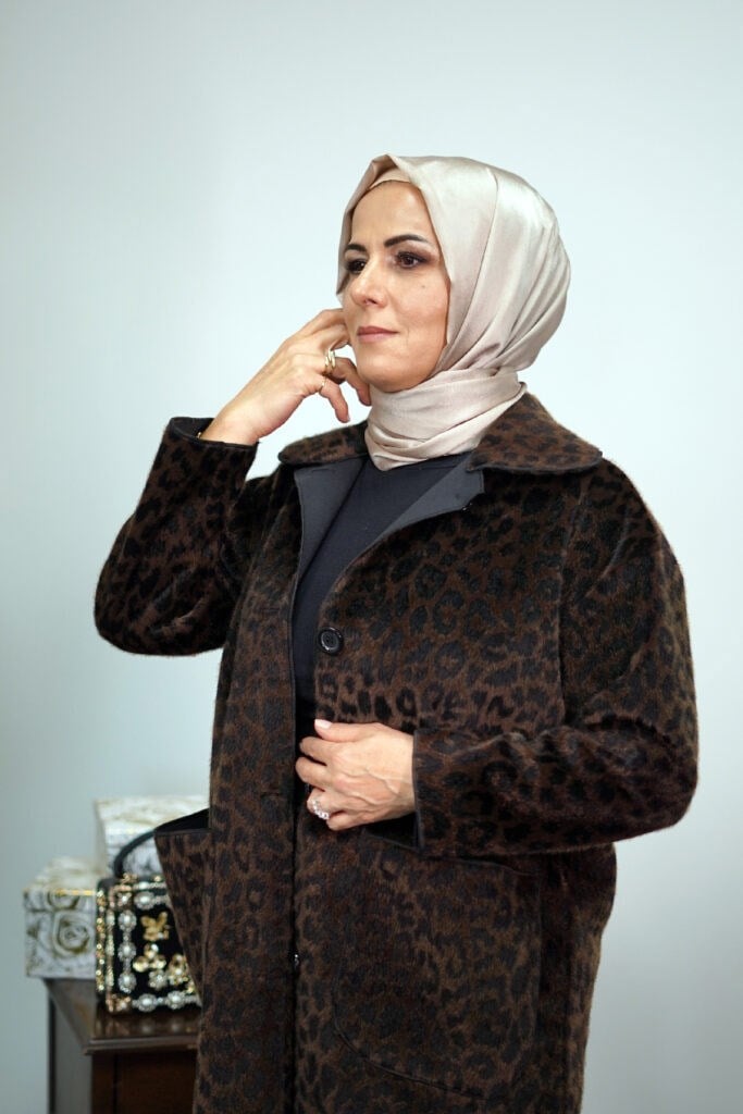 SHENAY Leopar Desenli Uzun Kaşe Kaban