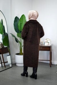SHENAY Leopar Desenli Uzun Kaşe Kaban