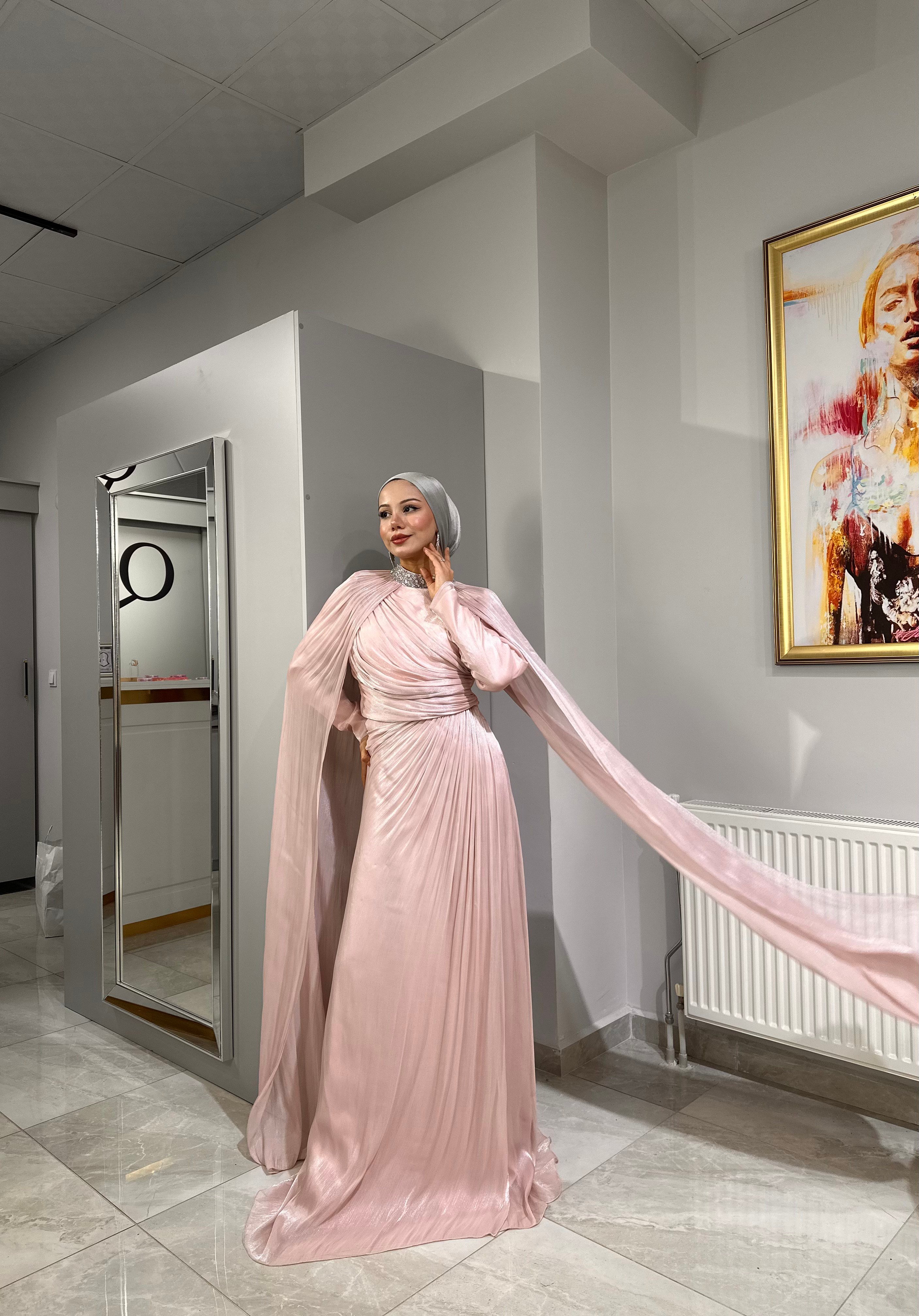 SHENAY Pelerinli Abiye - Pudra Pembe