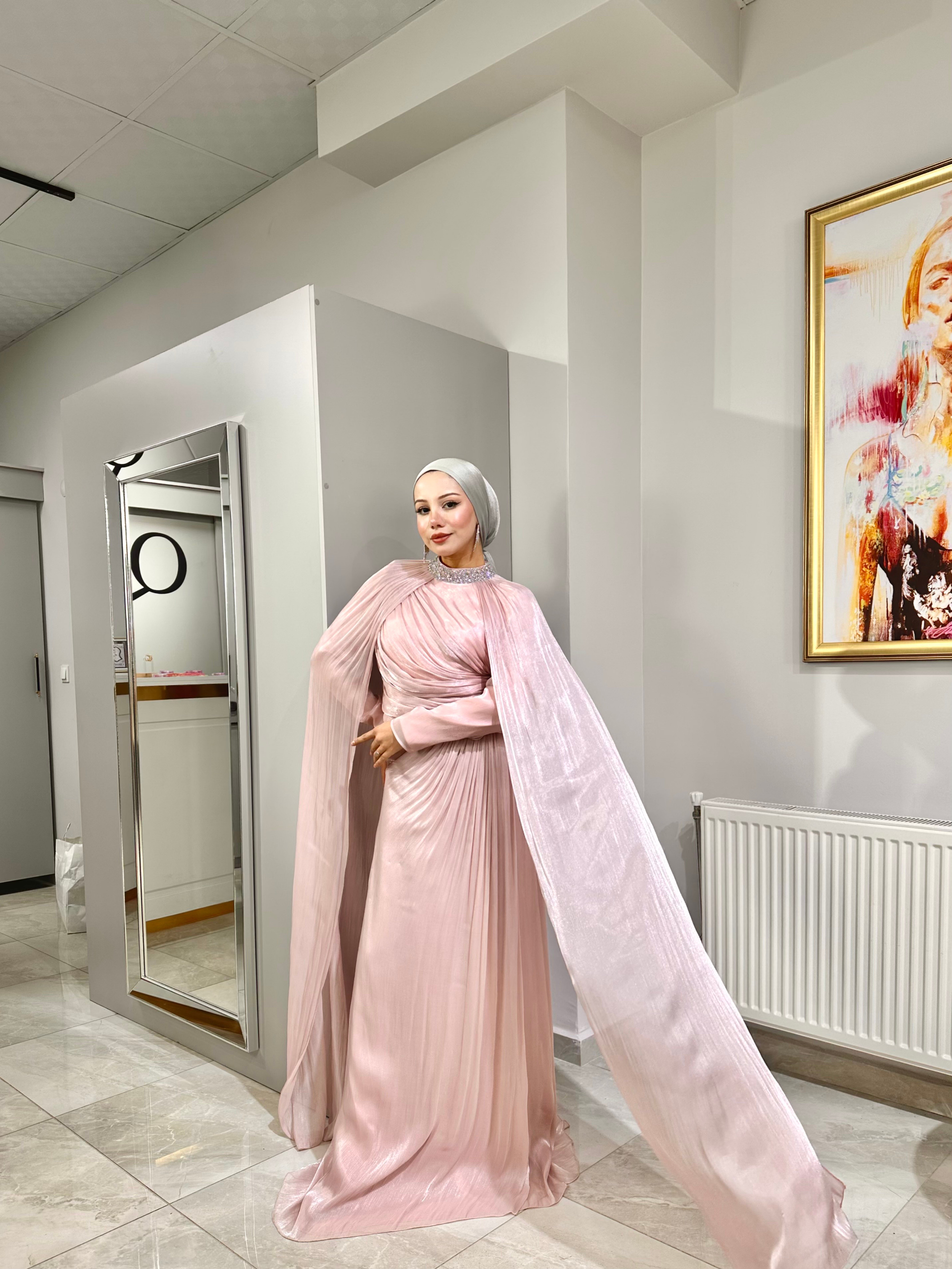 SHENAY Pelerinli Abiye - Pudra Pembe