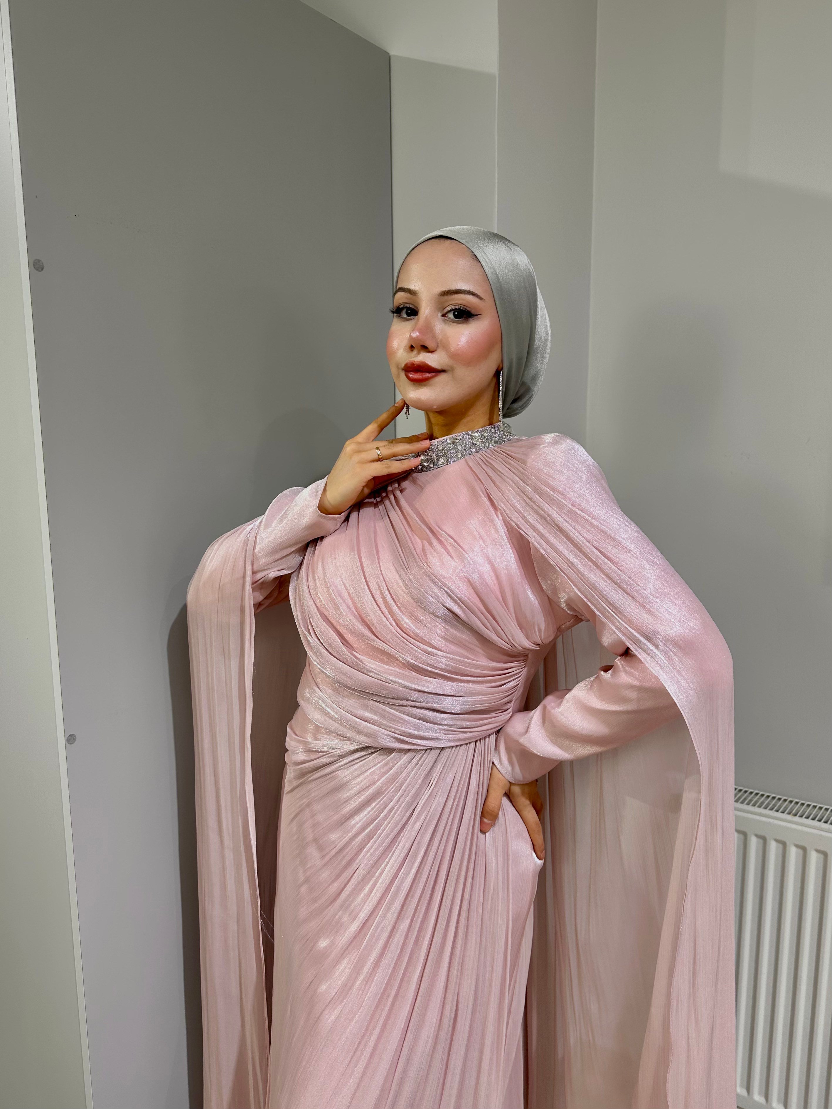 SHENAY Pelerinli Abiye - Pudra Pembe