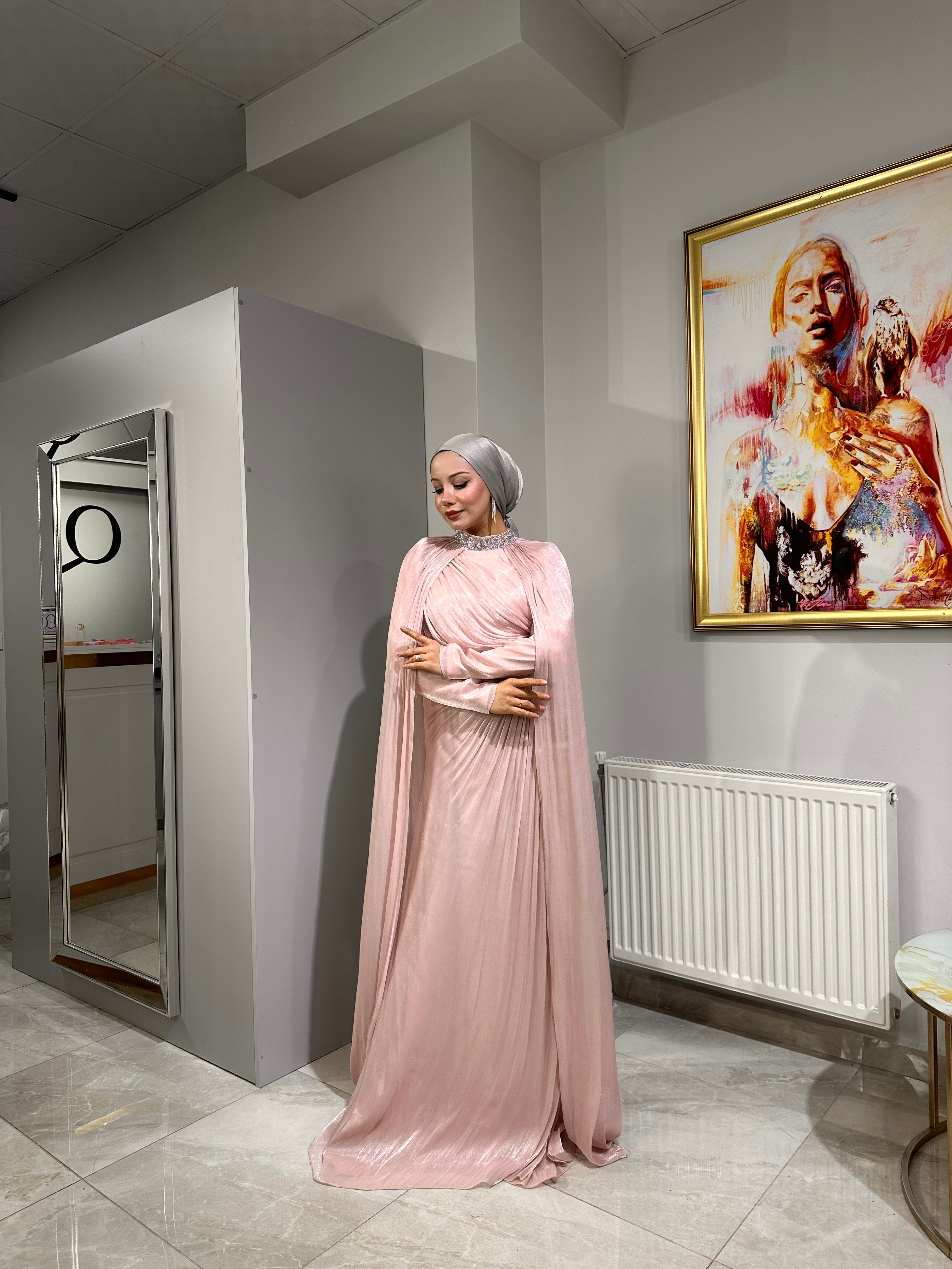 SHENAY Pelerinli Abiye - Pudra Pembe