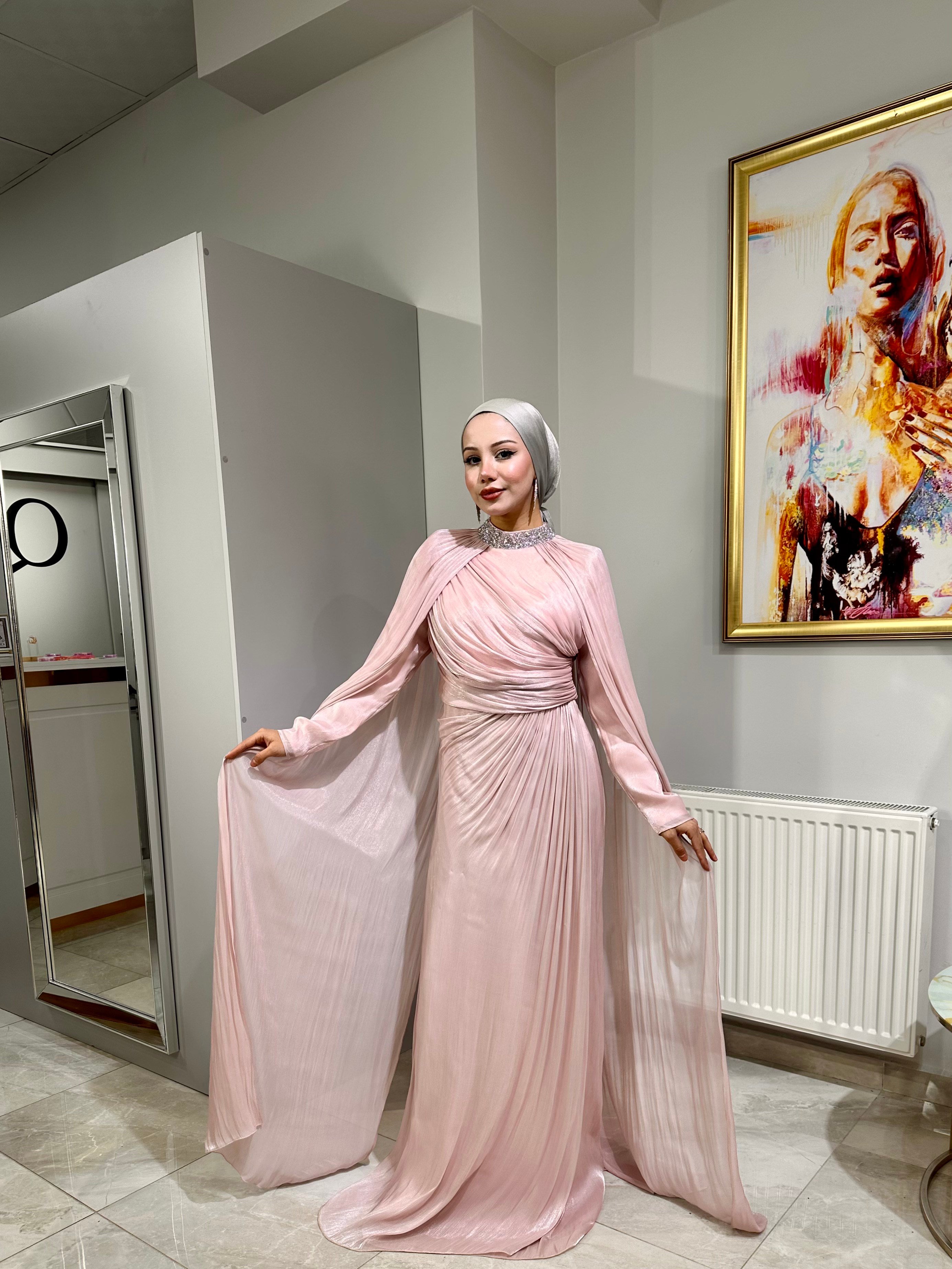 SHENAY Pelerinli Abiye - Pudra Pembe