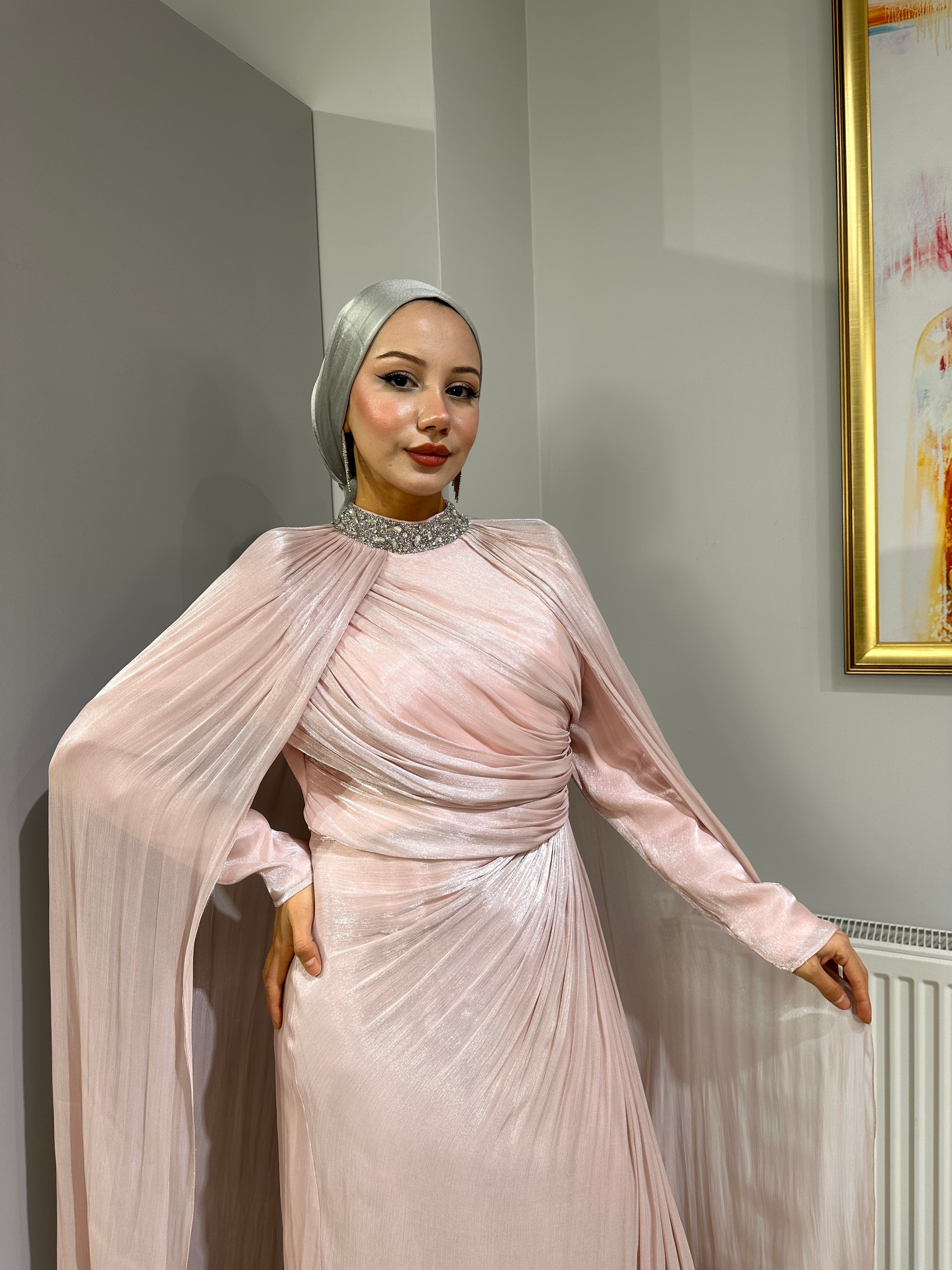 SHENAY Pelerinli Abiye - Pudra Pembe