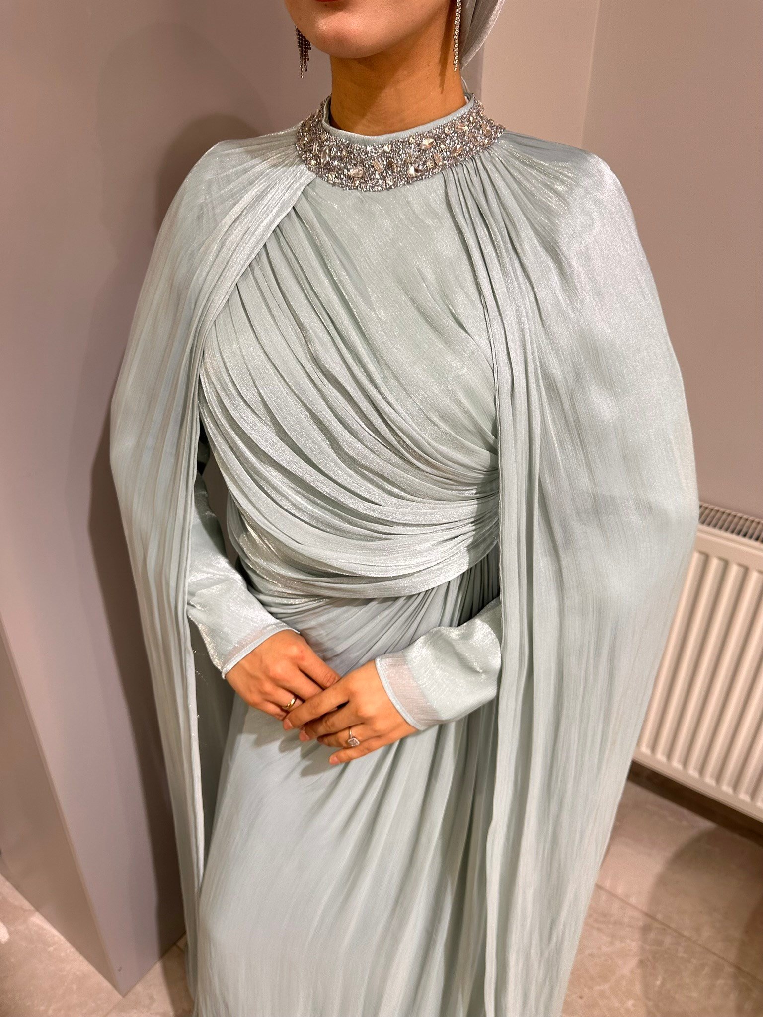 SHENAY Pelerinli Abiye - Su Yeşili