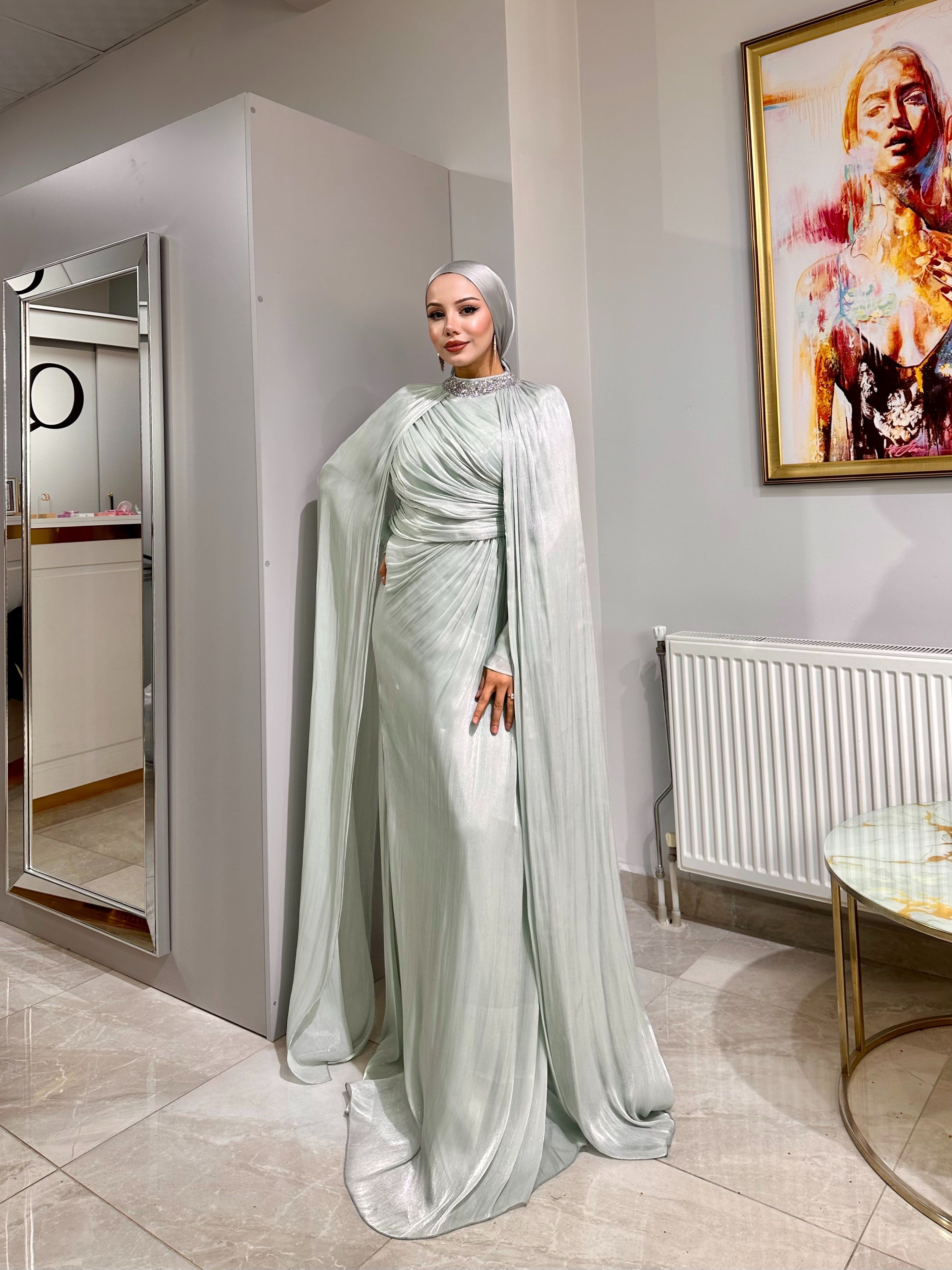SHENAY Pelerinli Abiye - Su Yeşili