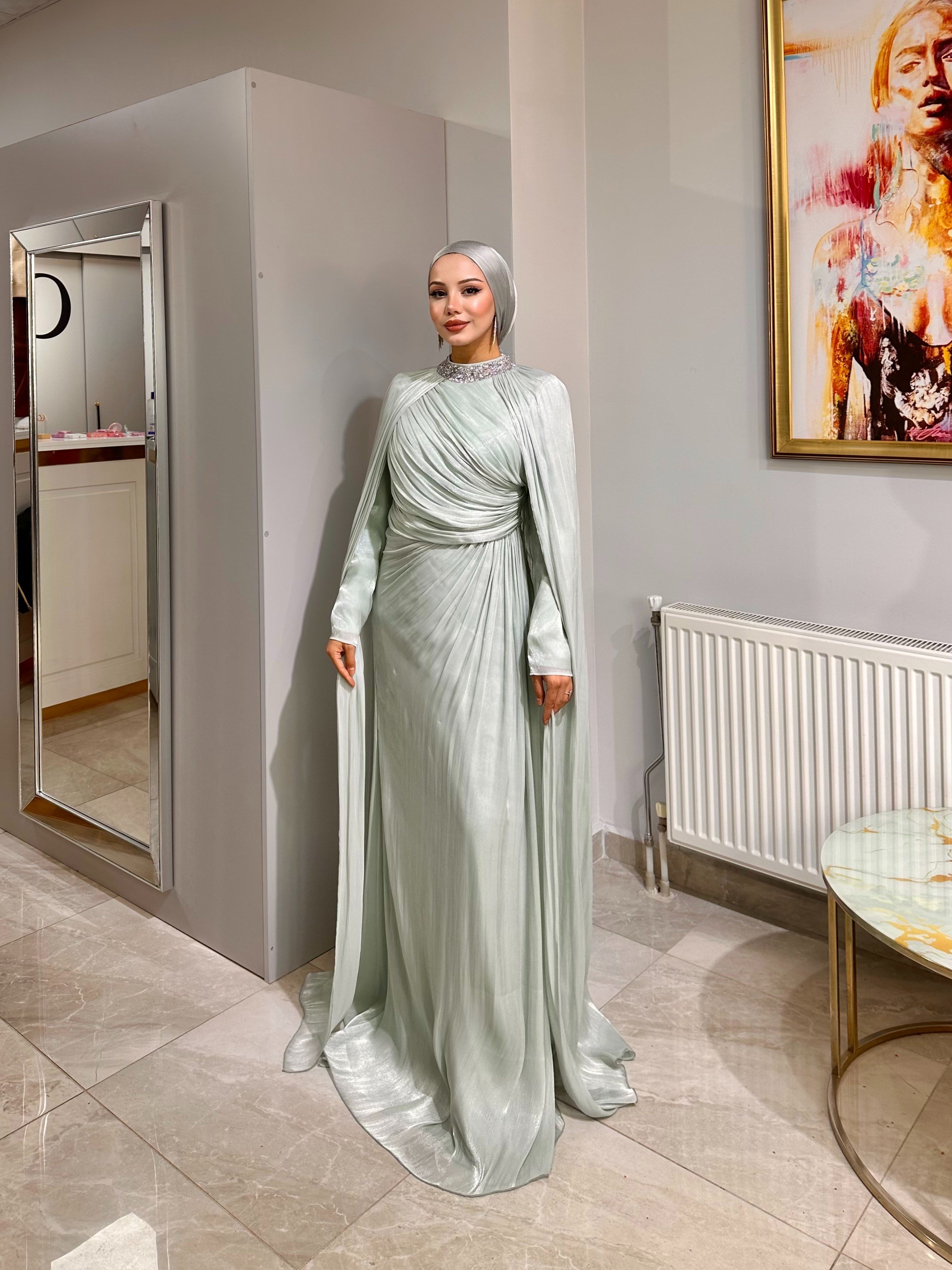 SHENAY Pelerinli Abiye - Su Yeşili