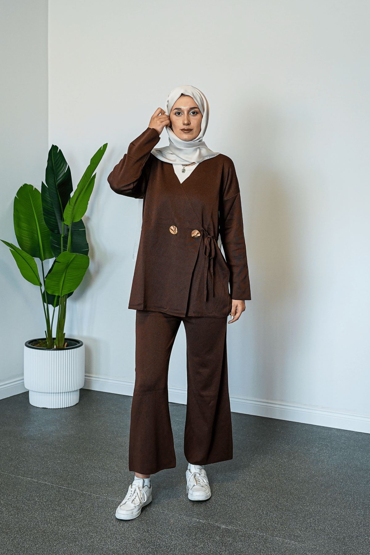 SHENAY Pure Elegance Tesettür İkili Takım Şık ve Rahat Günlük Kombin - Kahve