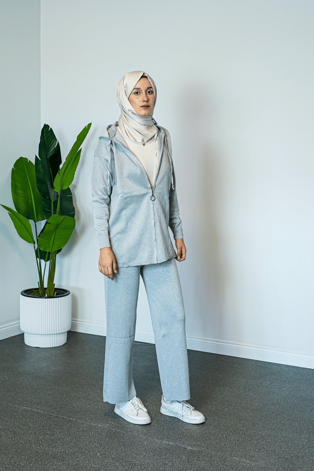 SHENAY Serenity Tesettür İkili Takım Fermuarlı Rahat Kalıp 4 Mevsim Kullanım - Gümüş