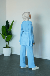 SHENAY Soft Harmony Tesettür İkili Takım V Yaka Kuşaklı 4 Mevsim Rahat Kalıp - Mavi